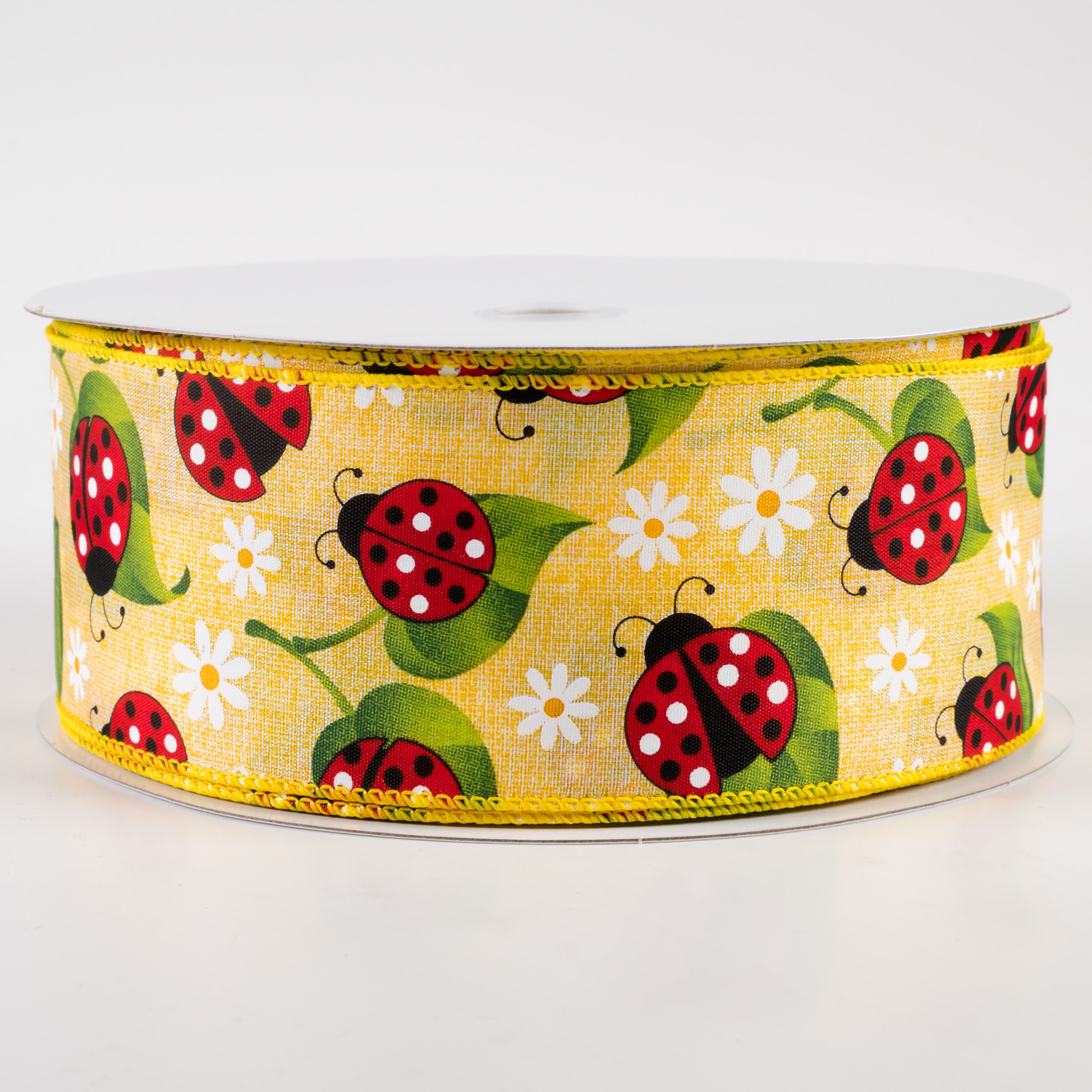 2.5" Ladybug Daisy Print Linen Ribbon: Yellow (50 Yards) Item Number: 841-40-316