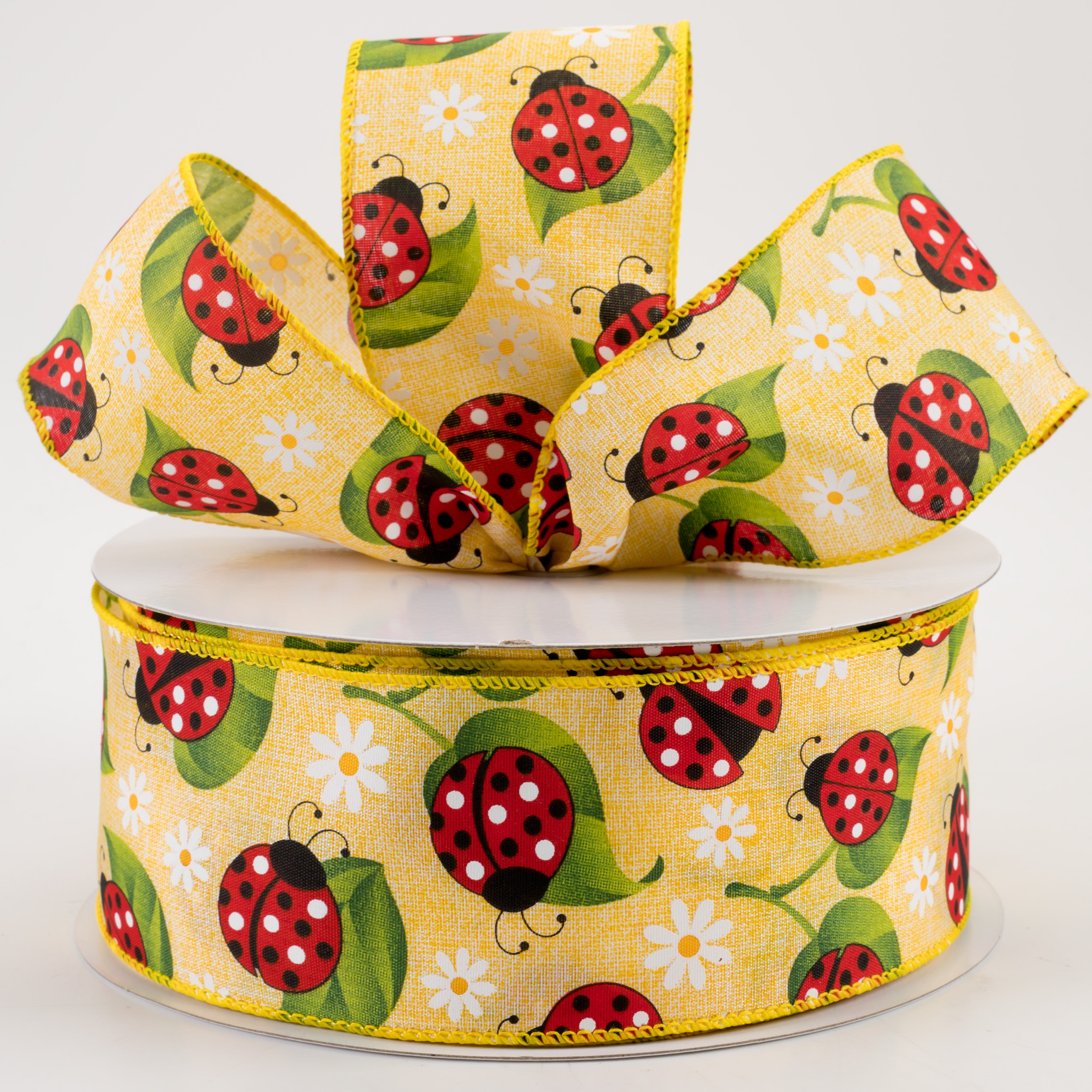 2.5" Ladybug Daisy Print Linen Ribbon: Yellow (50 Yards) Lifestyle Photo