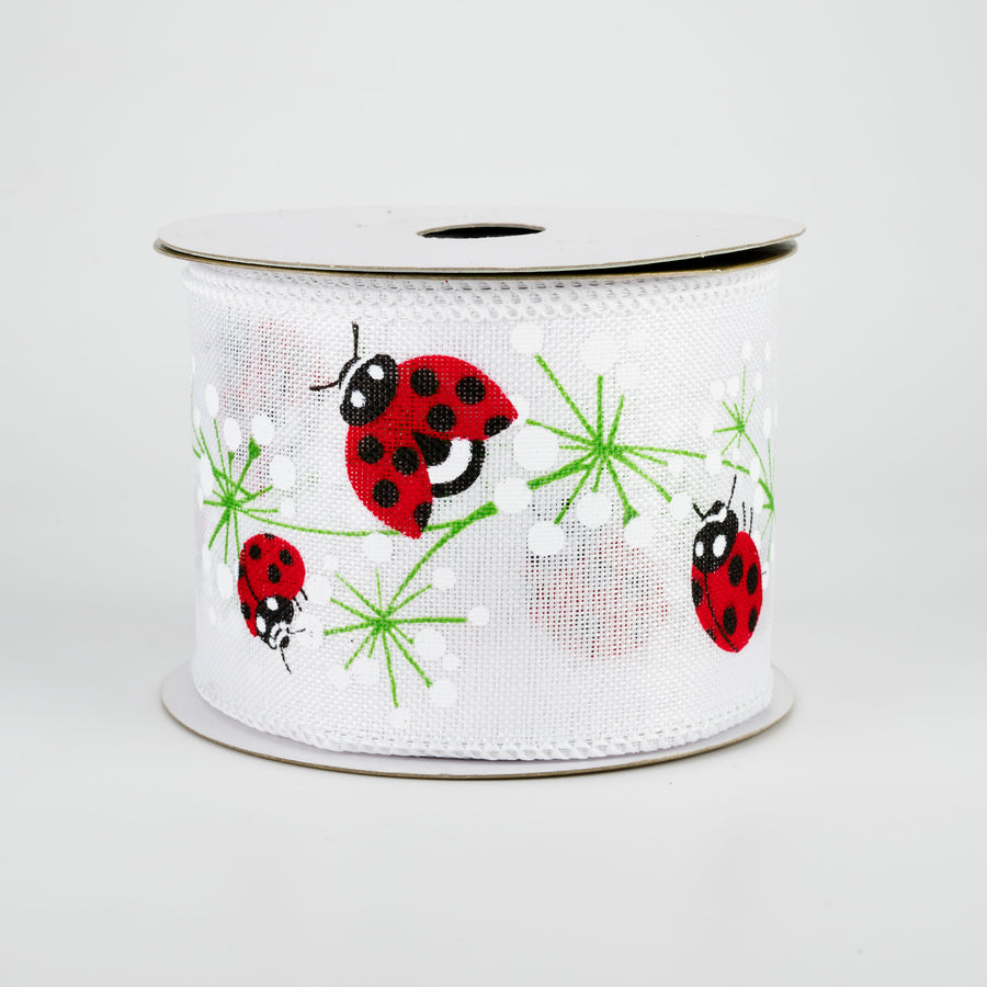 2.5" Ladybug Dandelion Ribbon: White (10 Yards)