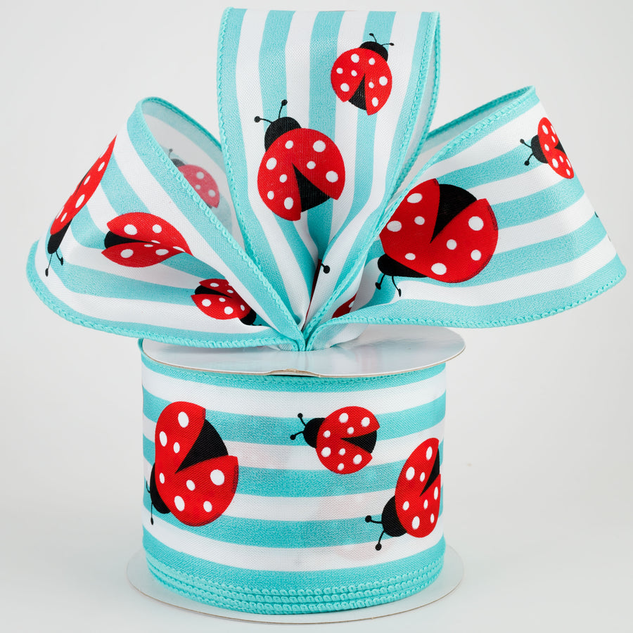 2.5" Ladybugs Cabana Stripe Ribbon: Aqua & White (10 Yards) Lifestyle Photo