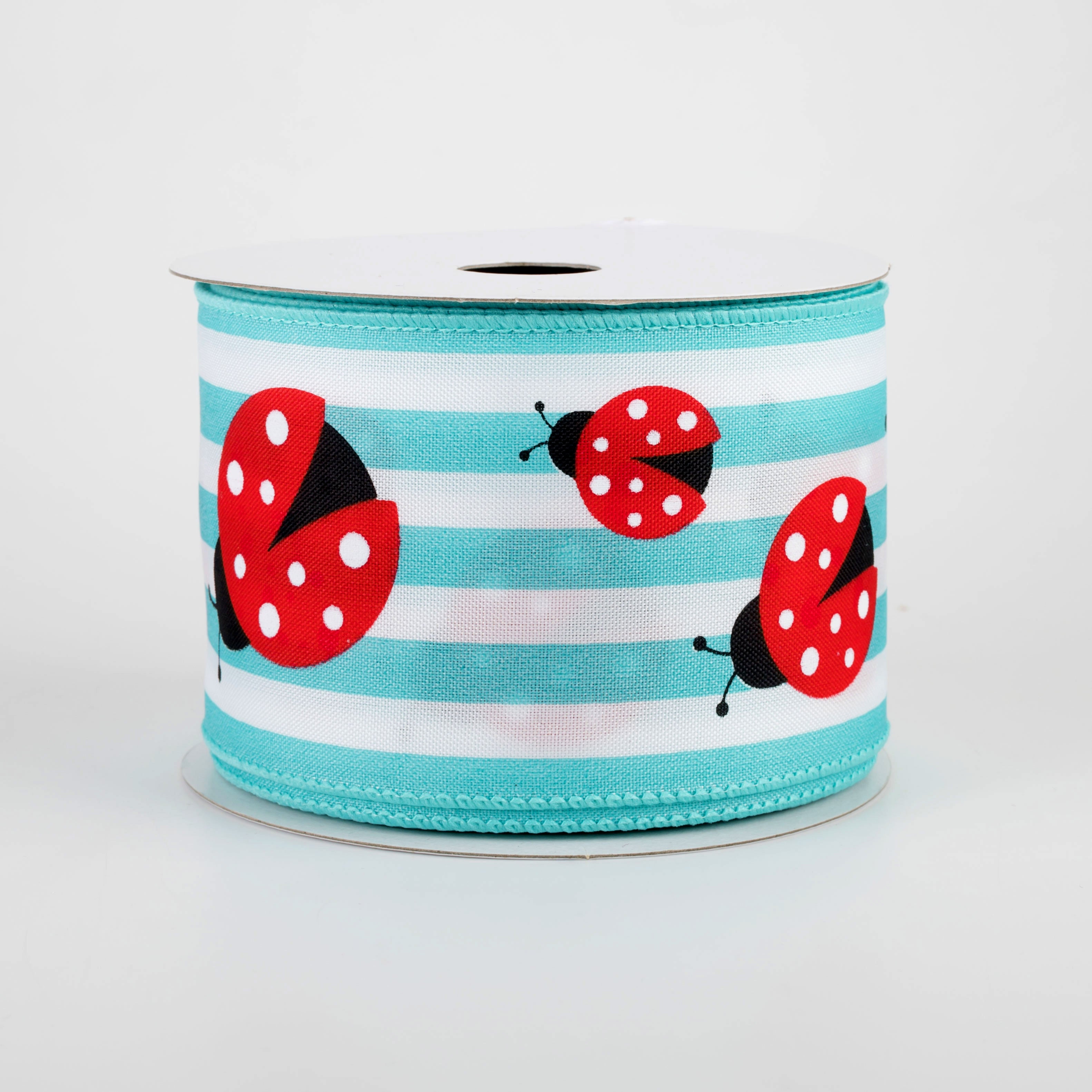 2.5" Ladybugs Cabana Stripe Ribbon: Aqua & White (10 Yards) Item Number: 41117-40-24