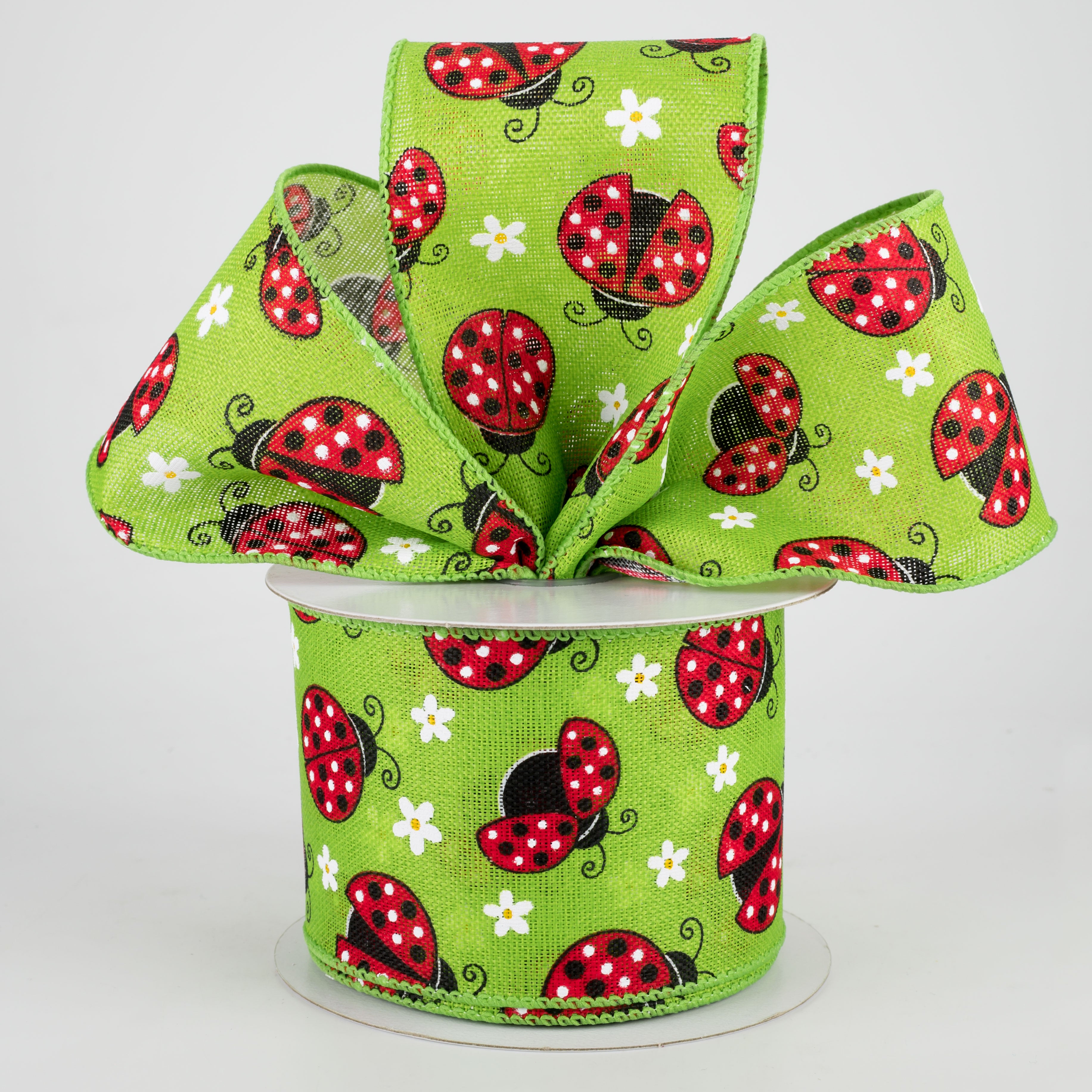 2.5" Ladybugs Daisies Ribbon: Lime (10 Yards) Lifestyle Photo