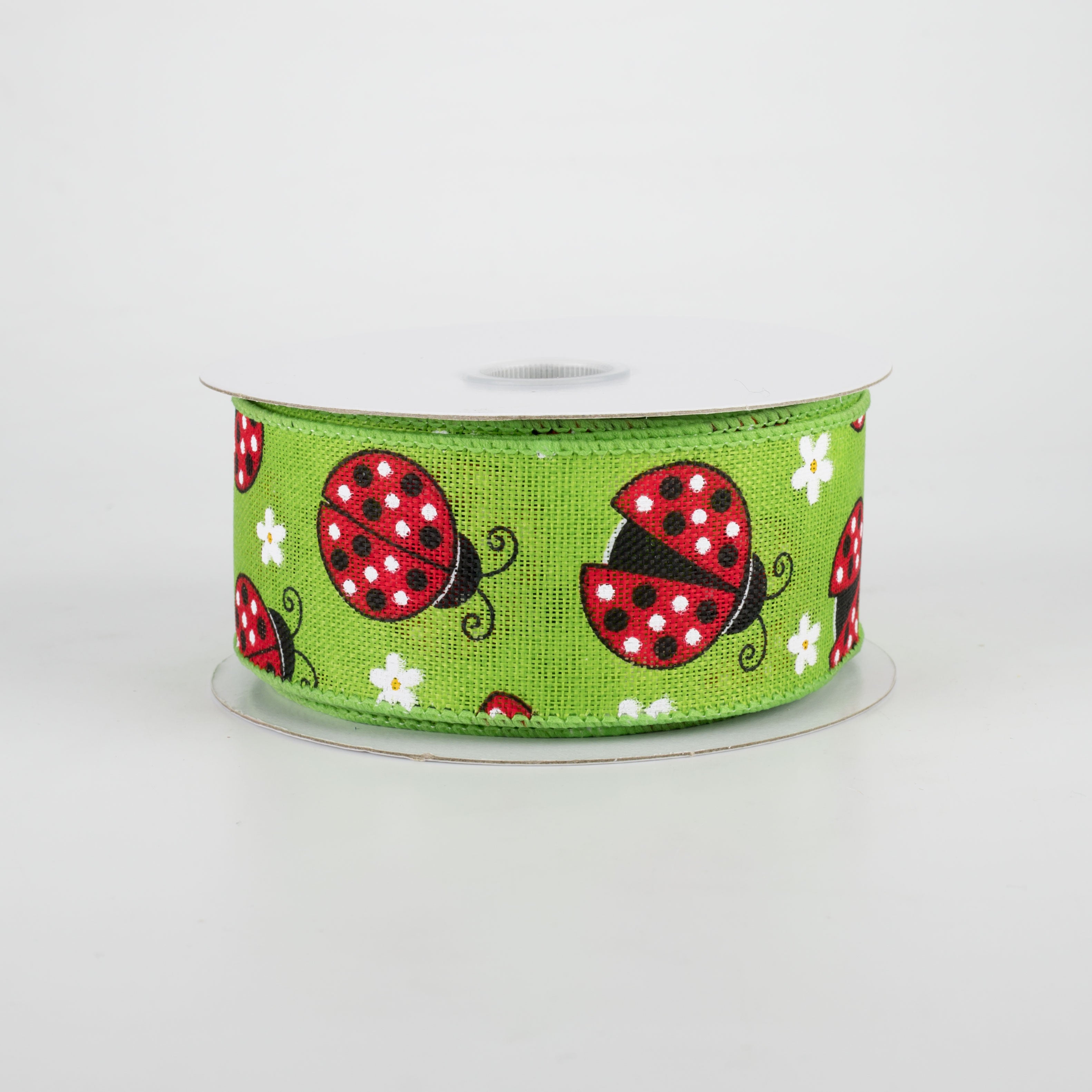 1.5" Ladybugs Daisies Ribbon: Lime (10 Yards)