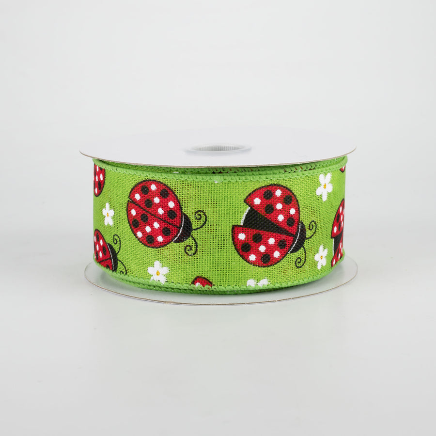 1.5" Ladybugs Daisies Ribbon: Lime (10 Yards)