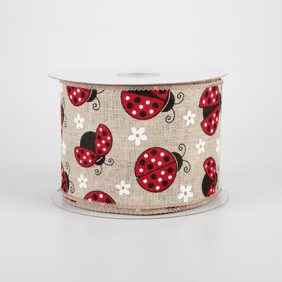 2.5" Ladybugs Daisies Ribbon: Natural (10 Yards)