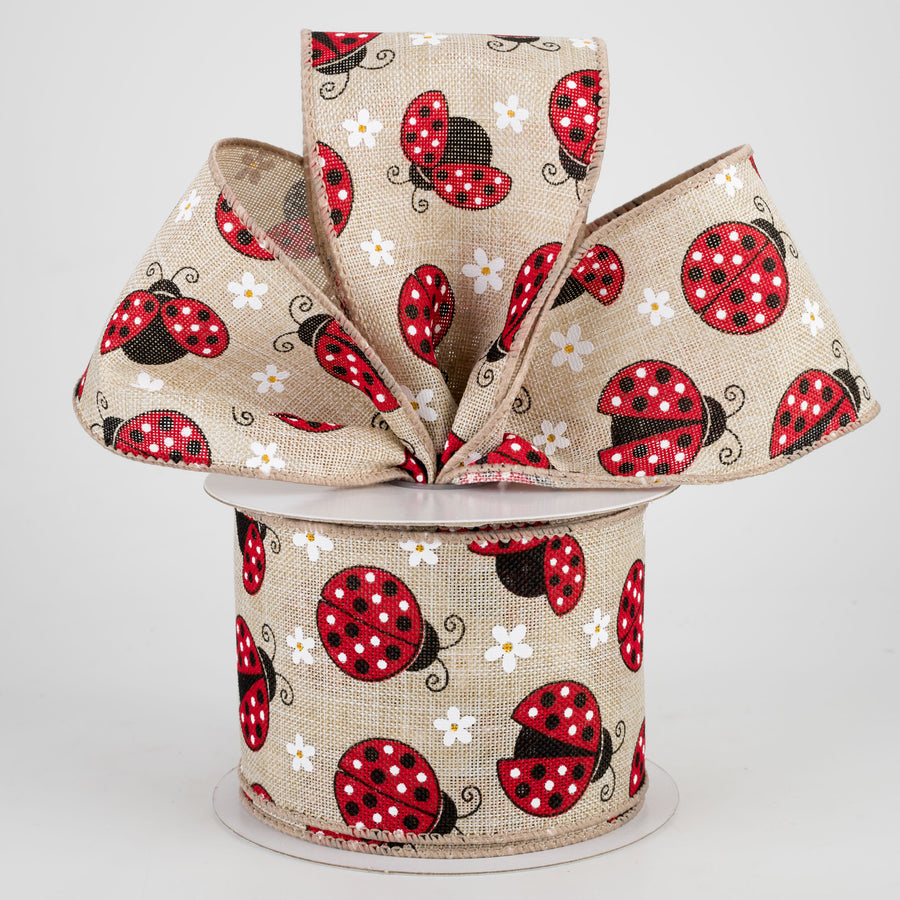 2.5" Ladybugs Daisies Ribbon: Natural (10 Yards) Lifestyle Photo