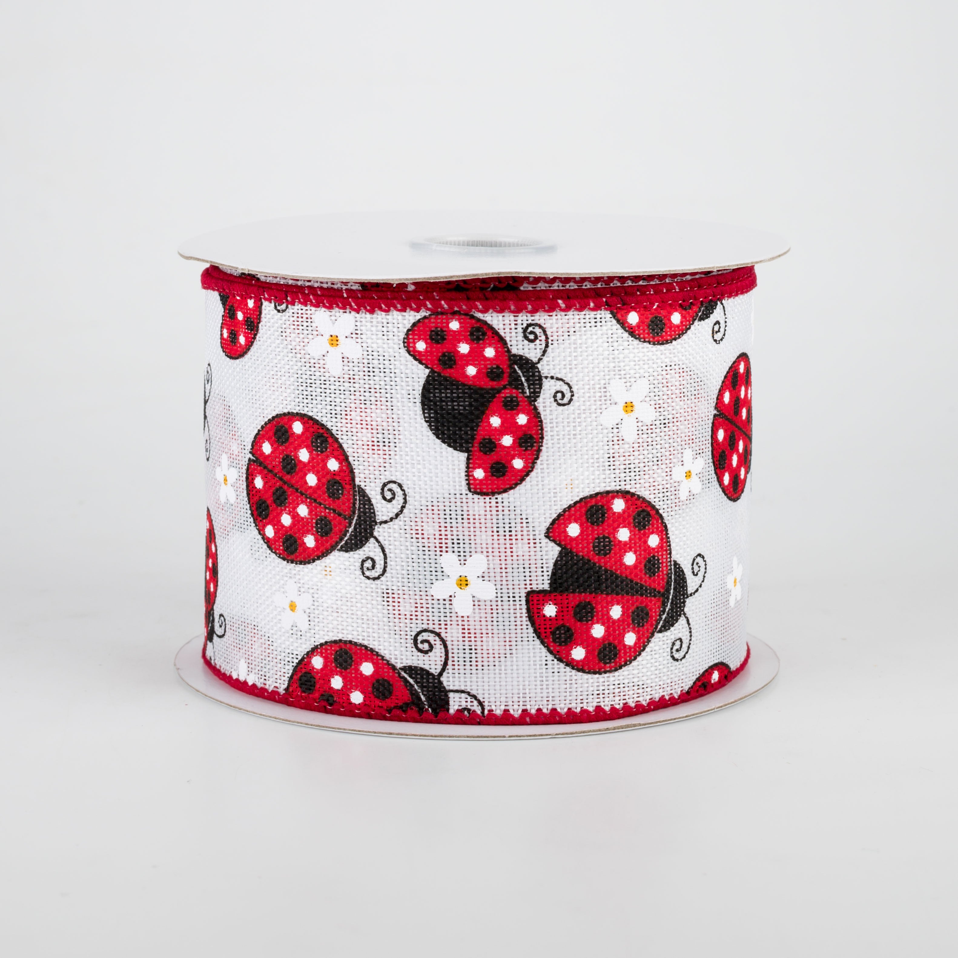 2.5" Ladybugs Daisies Ribbon: White (10 Yards)