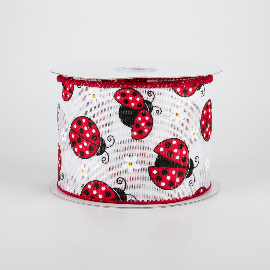 2.5" Ladybugs Daisies Ribbon: White (10 Yards)