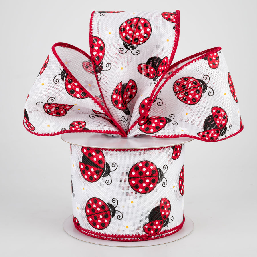 2.5" Ladybugs Daisies Ribbon: White (10 Yards) Lifestyle Photo