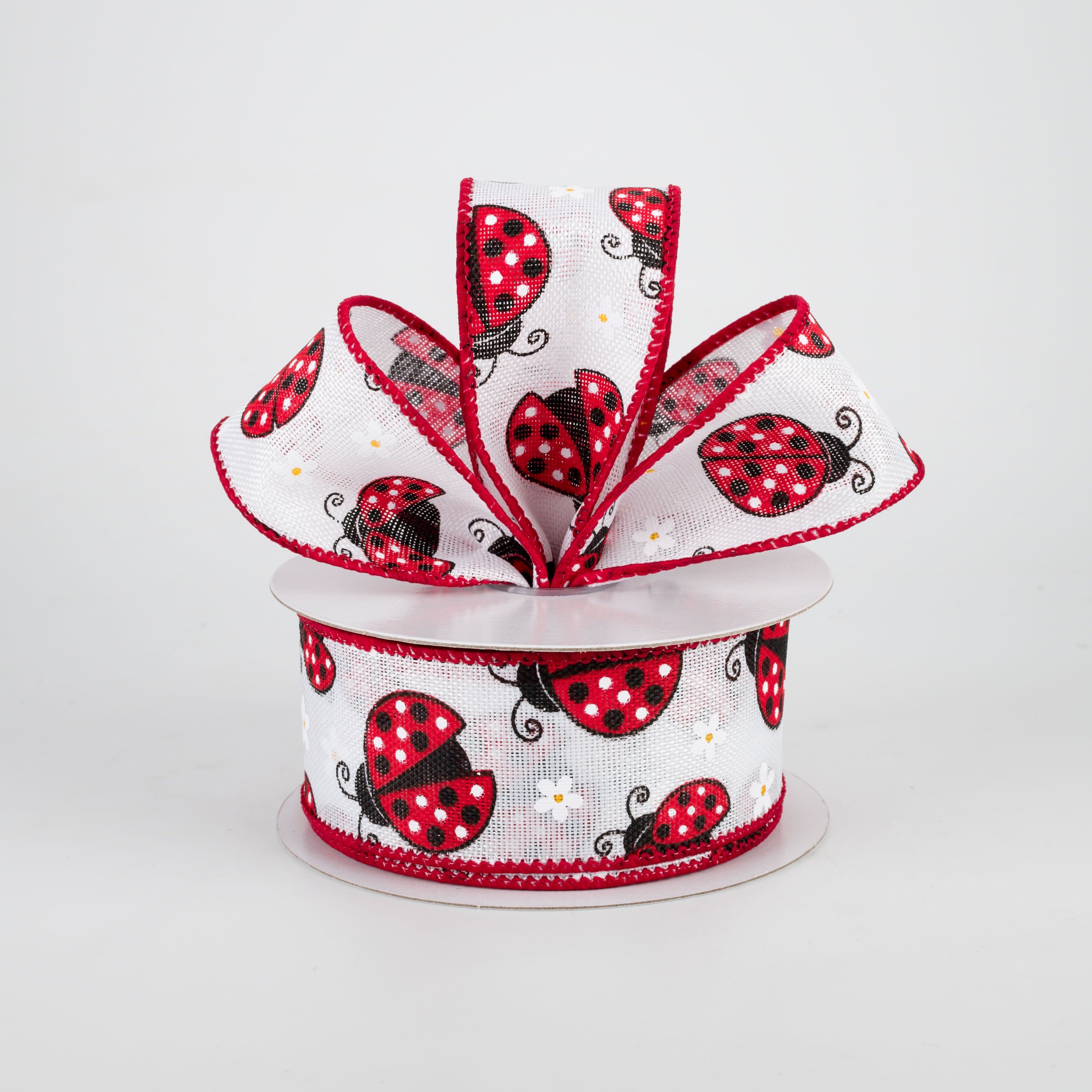 1.5" Ladybugs Daisies Ribbon: White (10 Yards) Lifestyle Photo