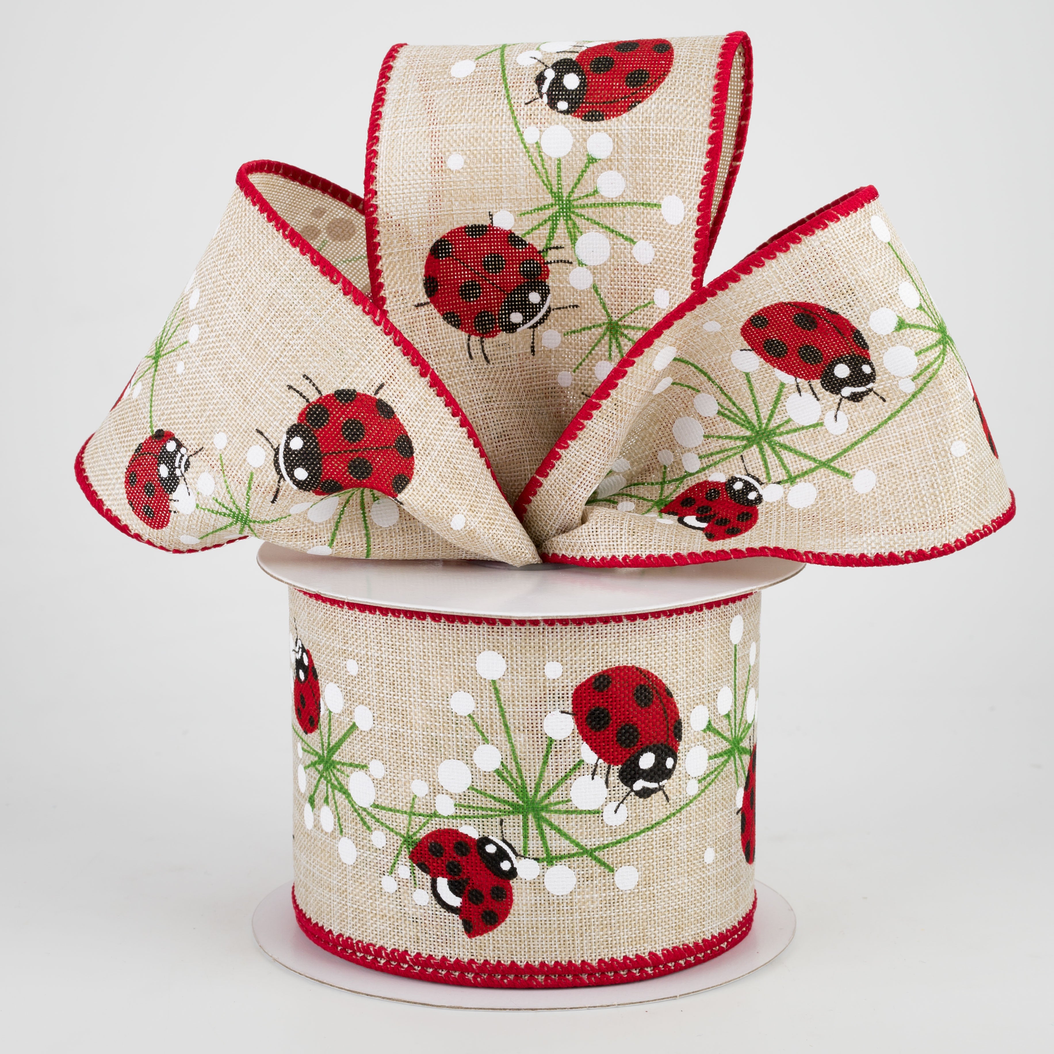 2.5" Ladybugs Dandelion Ribbon: Natural (10 Yards) Lifestyle Photo