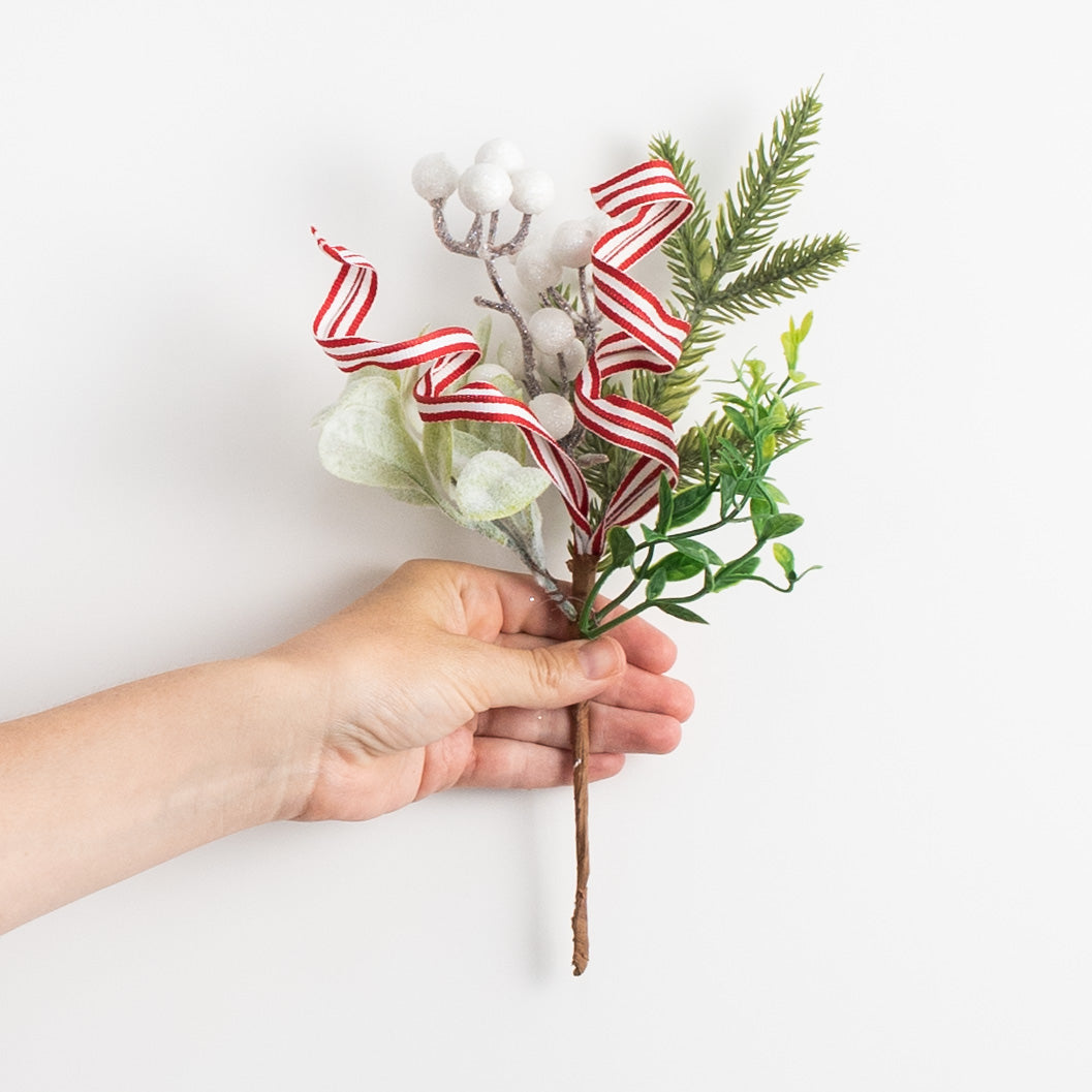 12" Lamb Ear Leaves, Mixed Pine, White Berry, Ribbon Pick detail photo 3