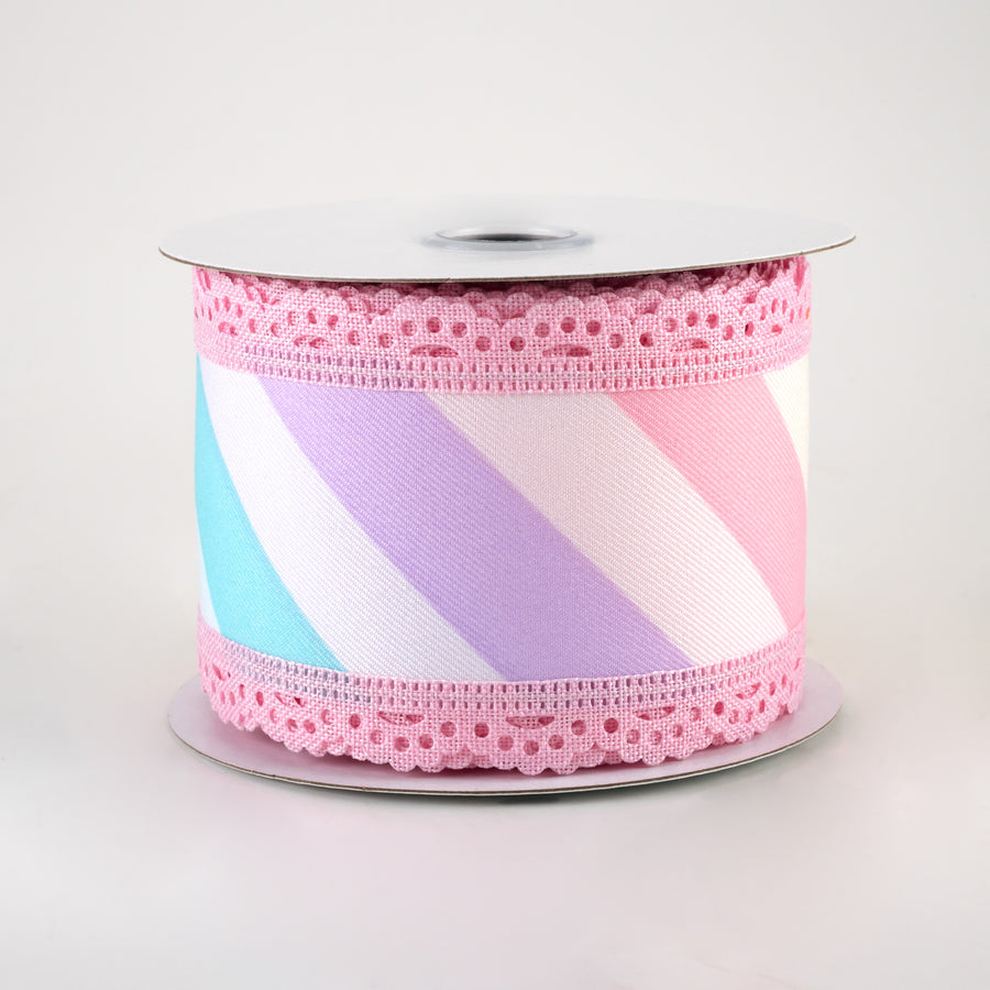 2.5" Large Diagonal Stripe with Lace Ribbon: Pastels (10 Yards)