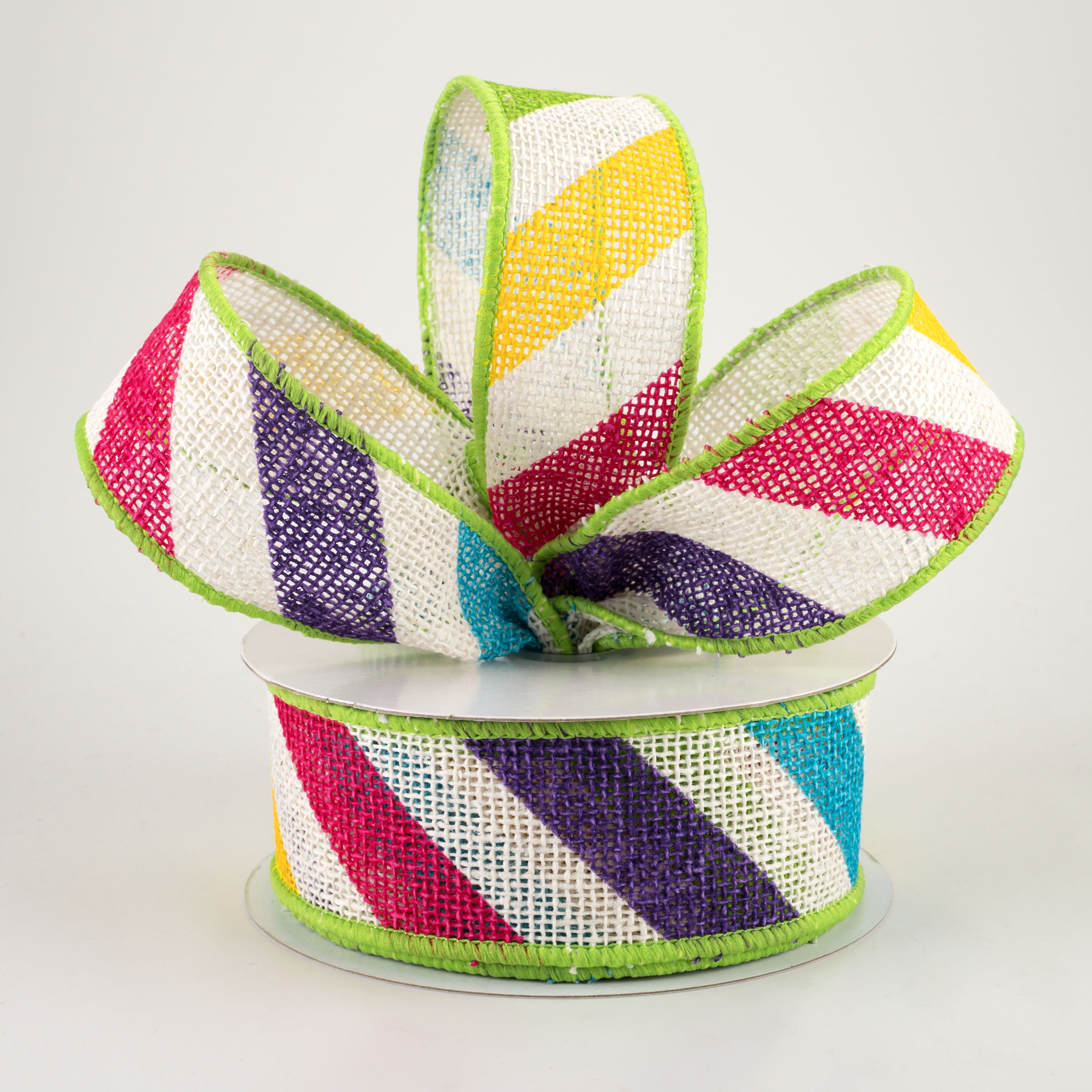 1.5" Large Diagonal Stripe Ribbon: Off White & Multi Brights (10 Yards) Lifestyle Photo