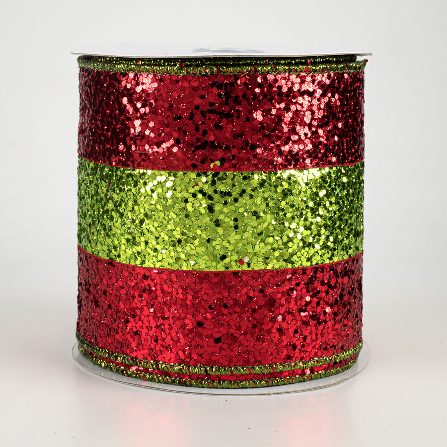 4" Large Glitter Stripe Ribbon: Red & Lime (10 Yards)