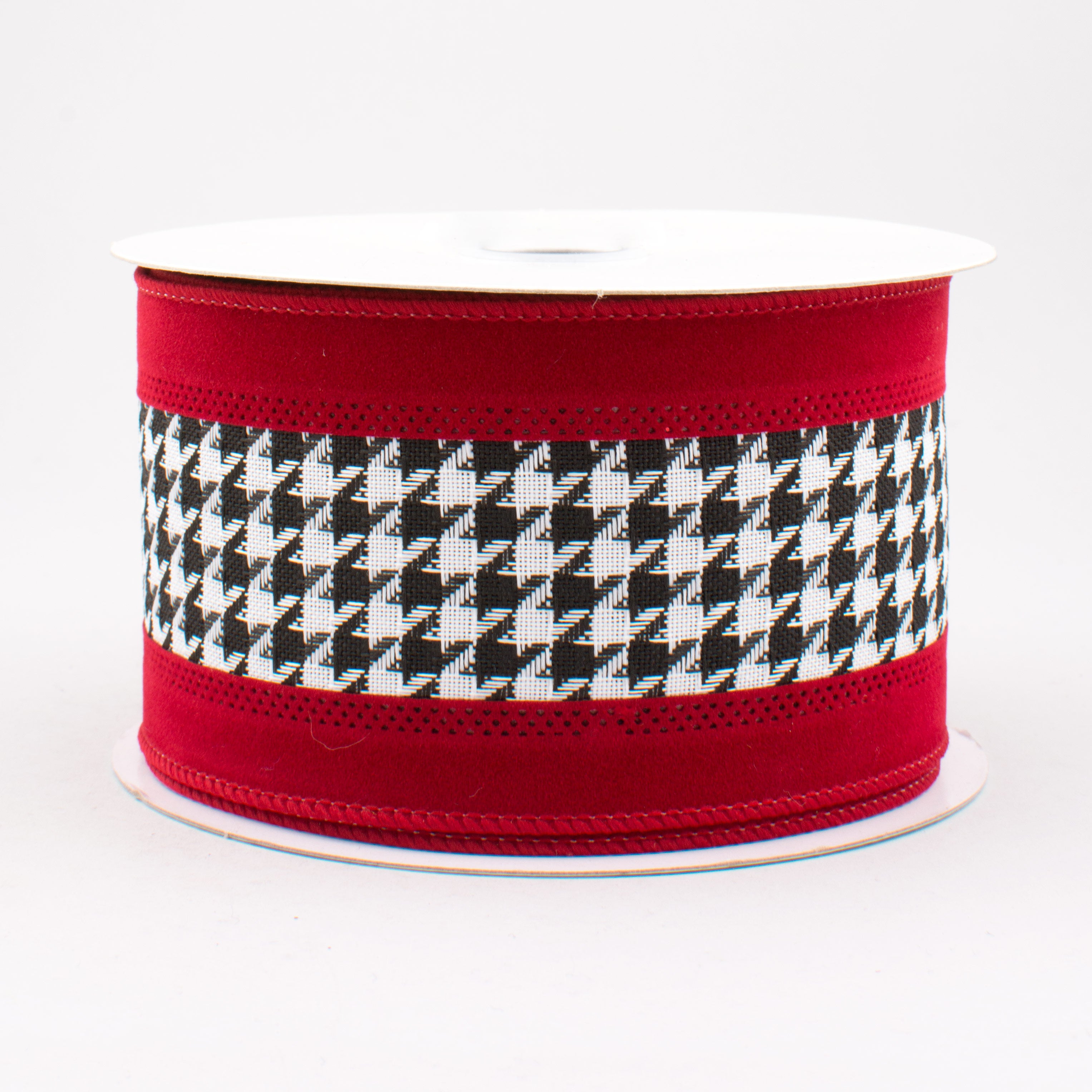 2.5" Large Houndstooth Velvet Ribbon: White, Black, Crimson (10 Yards)