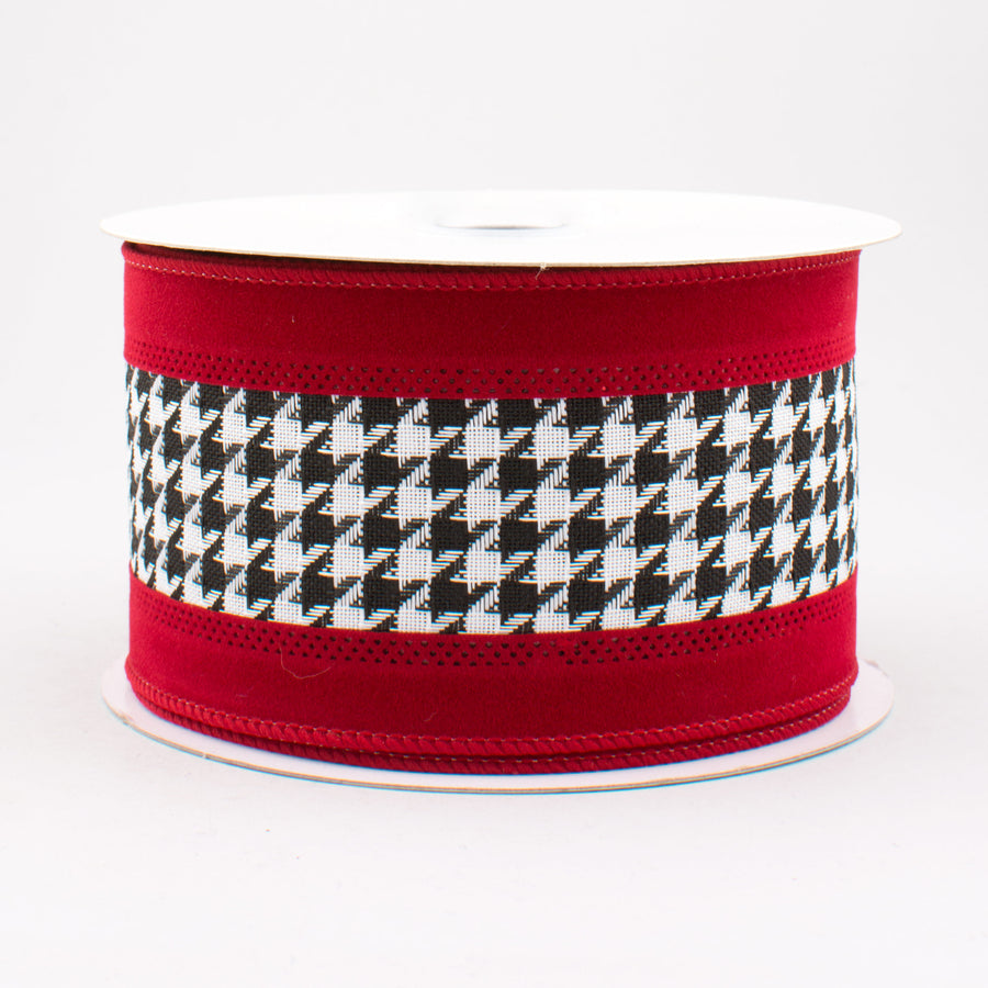 2.5" Large Houndstooth Velvet Ribbon: White, Black, Crimson (10 Yards)