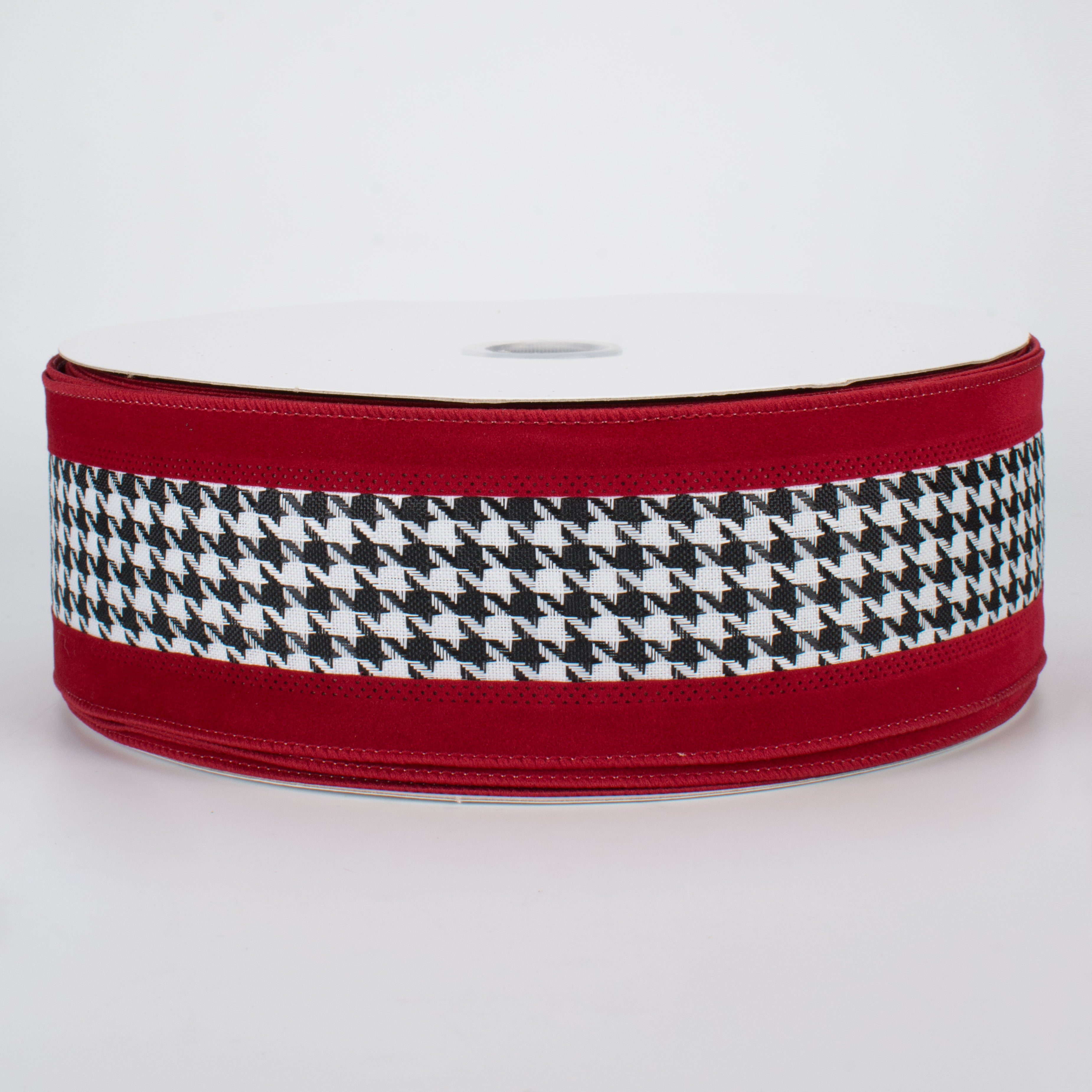2.5" Large Houndstooth Velvet Ribbon: White, Black, Crimson (50 Yards)