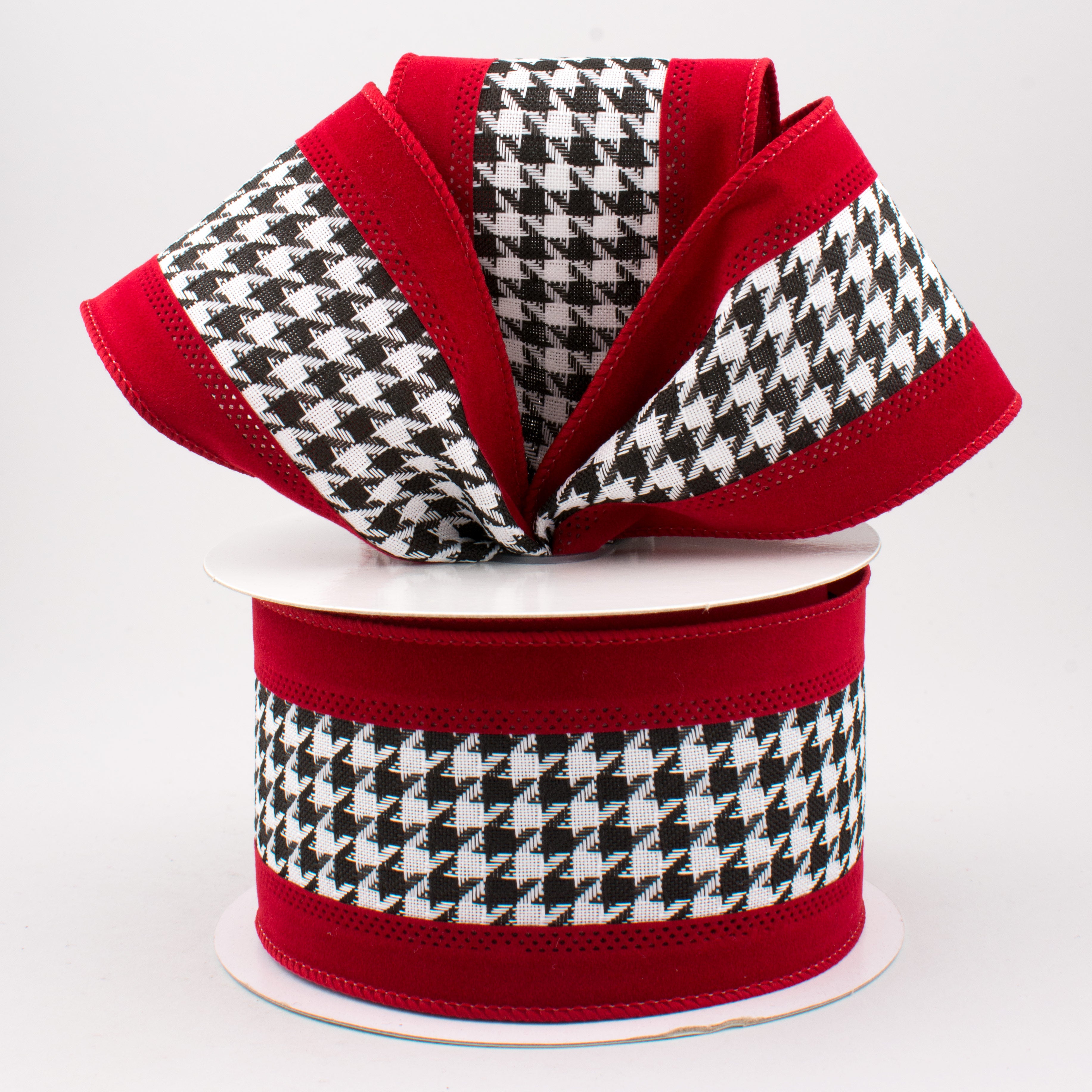 2.5" Large Houndstooth Velvet Ribbon: White, Black, Crimson (10 Yards) Lifestyle Photo