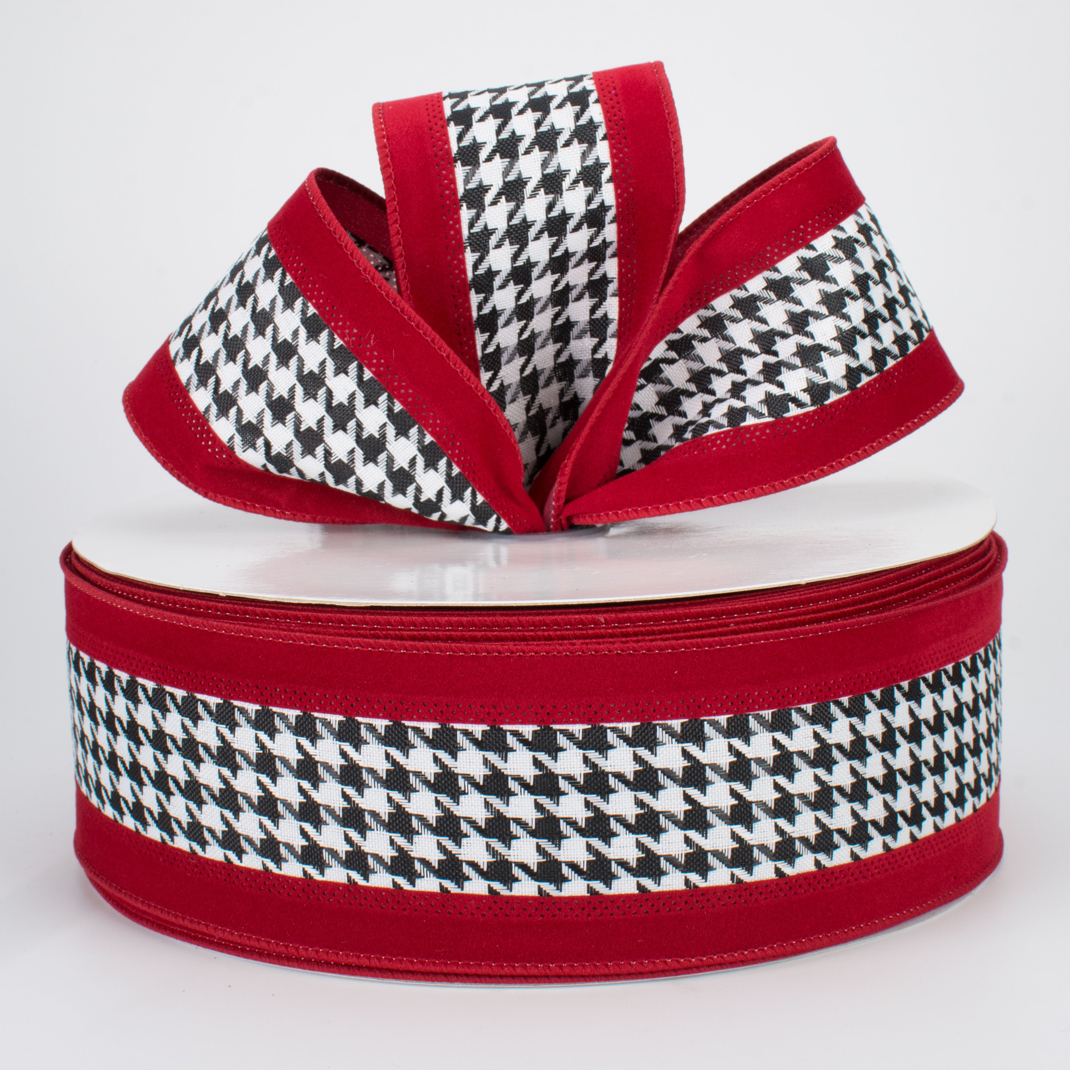 2.5" Large Houndstooth Velvet Ribbon: White, Black, Crimson (50 Yards) Lifestyle Photo