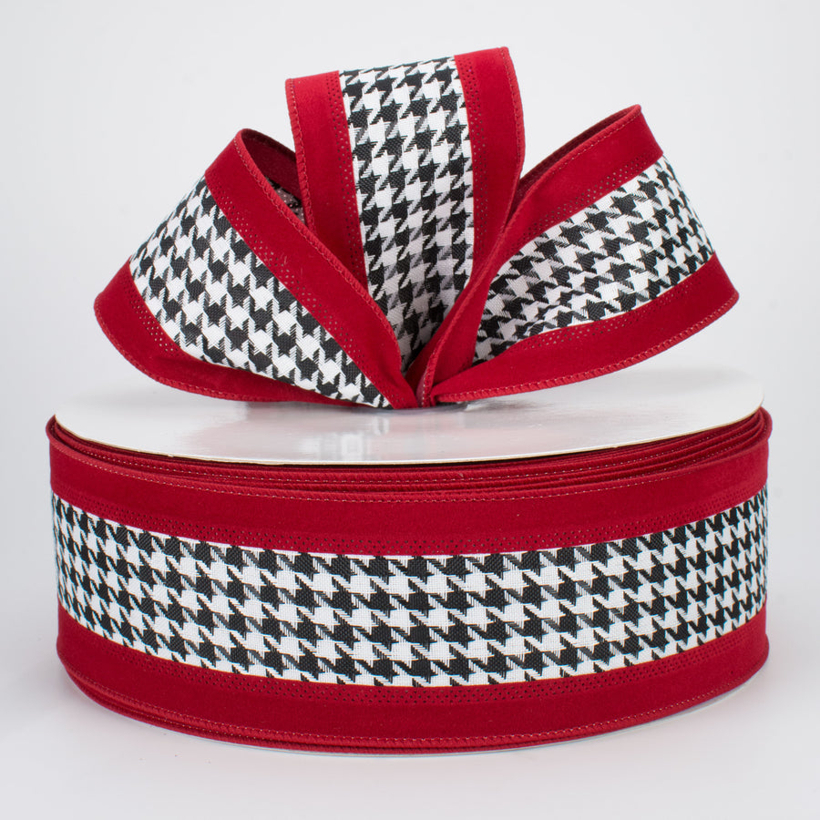 2.5" Large Houndstooth Velvet Ribbon: White, Black, Crimson (50 Yards) Lifestyle Photo