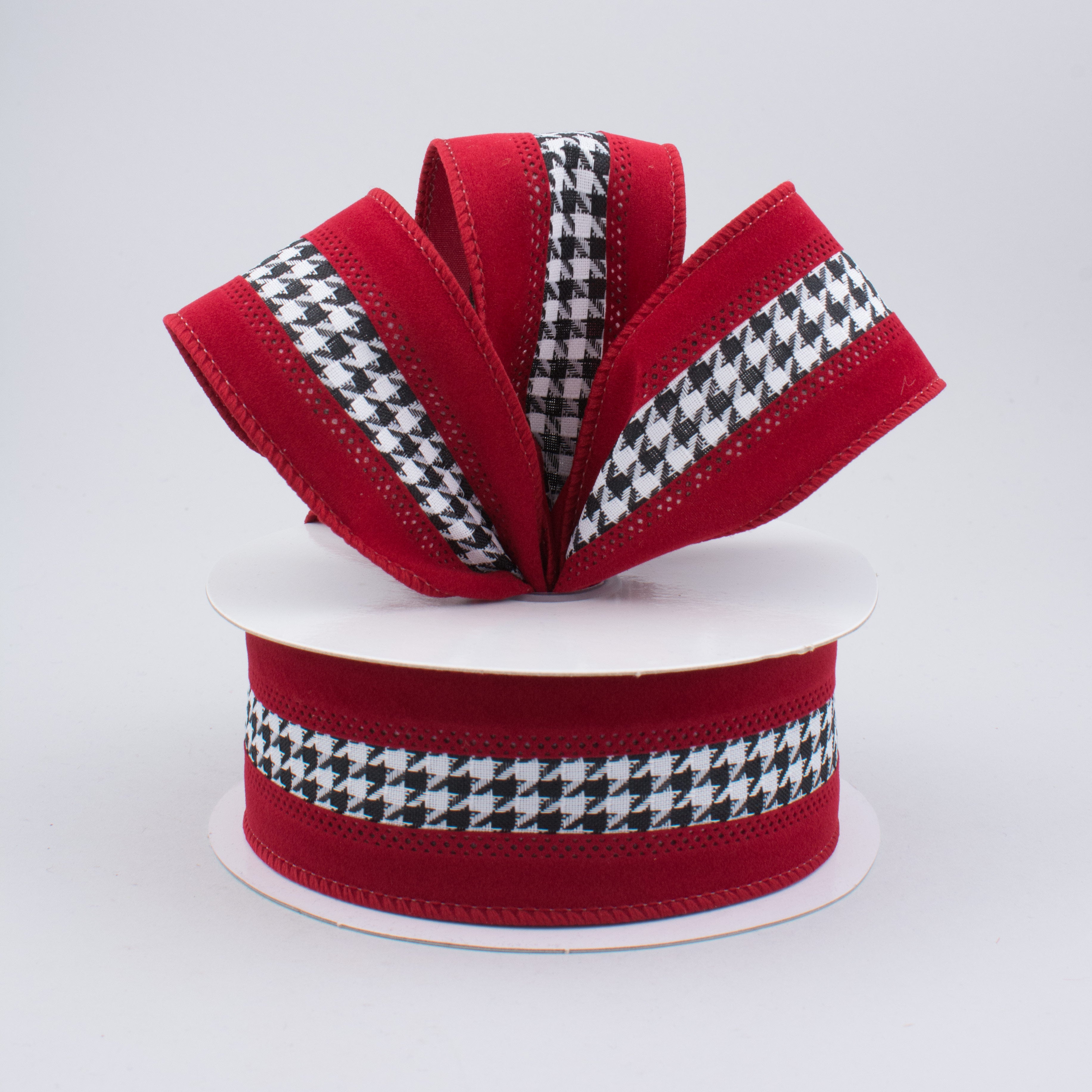 1.5" Large Houndstooth Velvet Ribbon: White, Black, Crimson (10 Yards) Lifestyle Photo