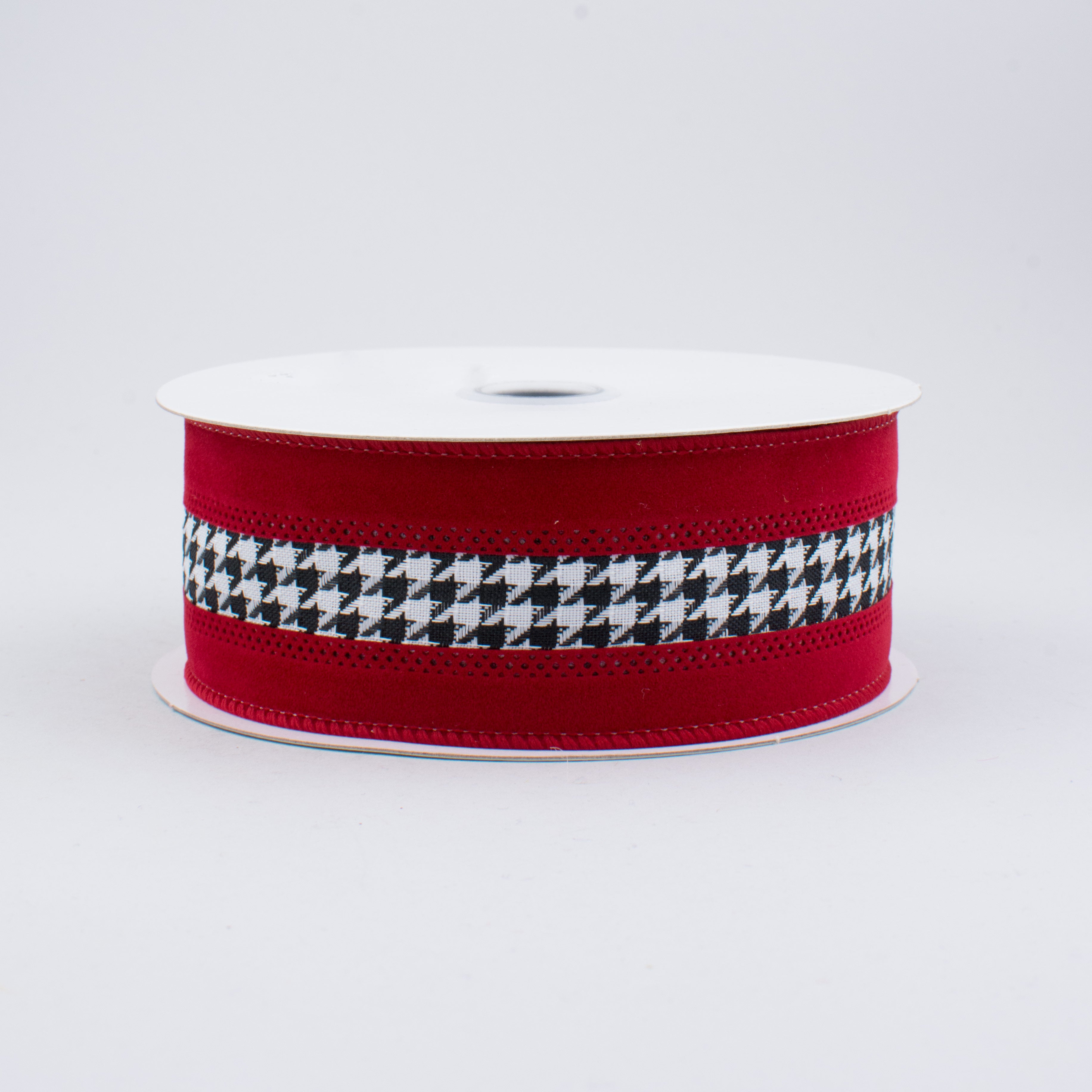1.5" Large Houndstooth Velvet Ribbon: White, Black, Crimson (10 Yards)