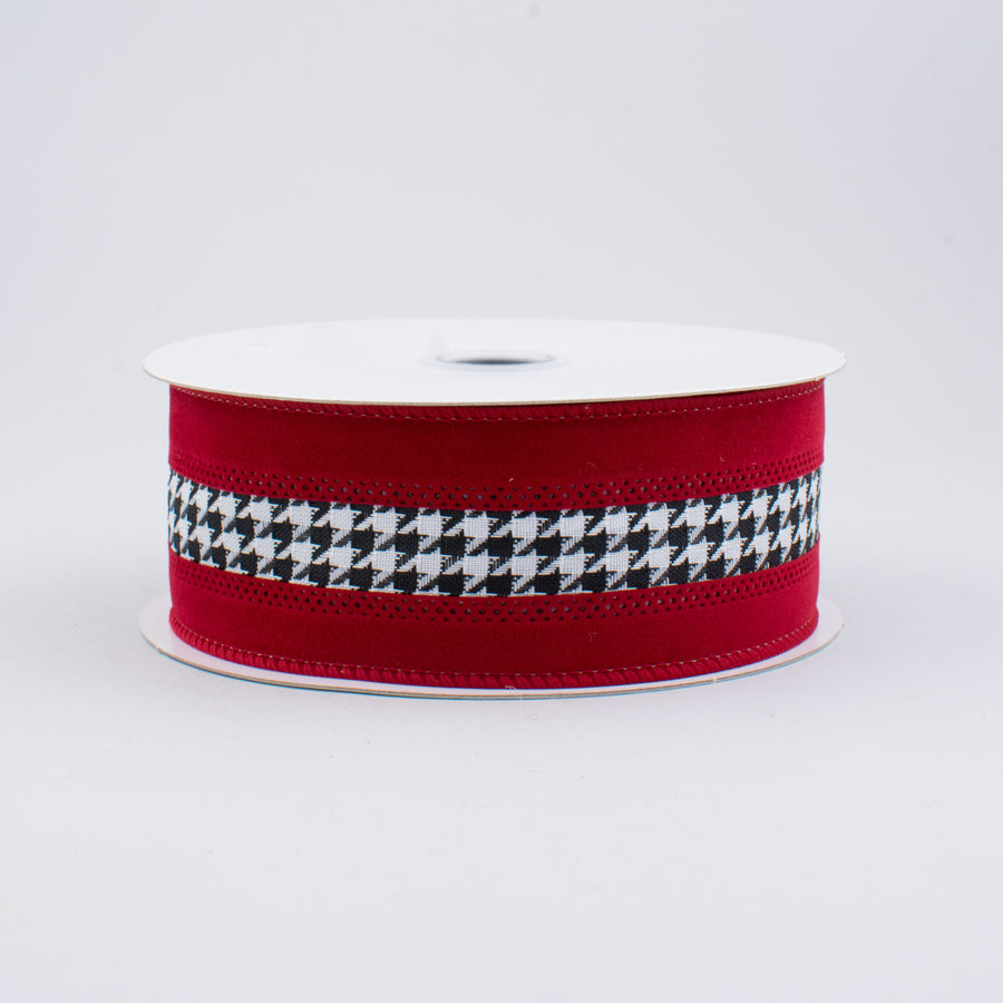 1.5" Large Houndstooth Velvet Ribbon: White, Black, Crimson (10 Yards)