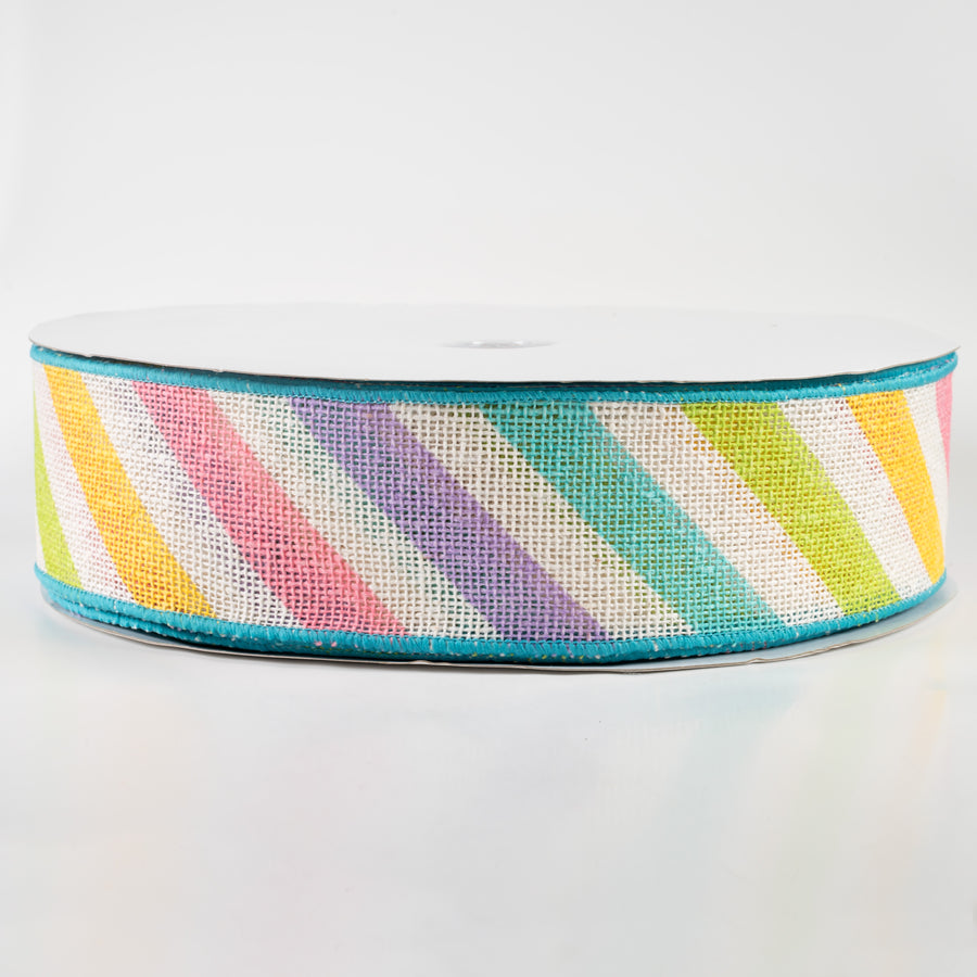 2.5" Large Multi Diagonal Stripe Ribbon: Off White & Pastels (50 Yards)