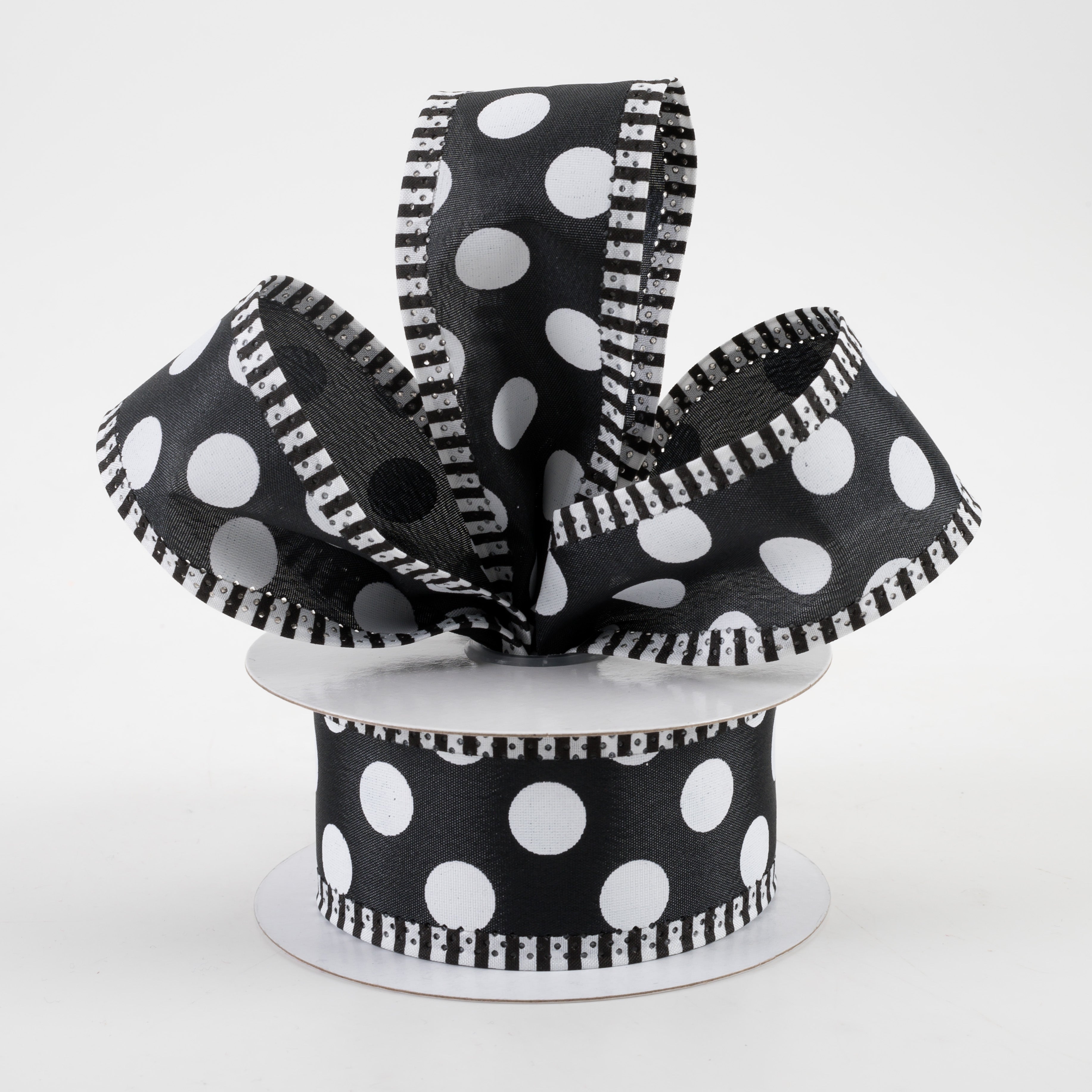 1.5" Large Polka Dot Stripe Edge Ribbon: Black & White (10 Yards) Lifestyle Photo