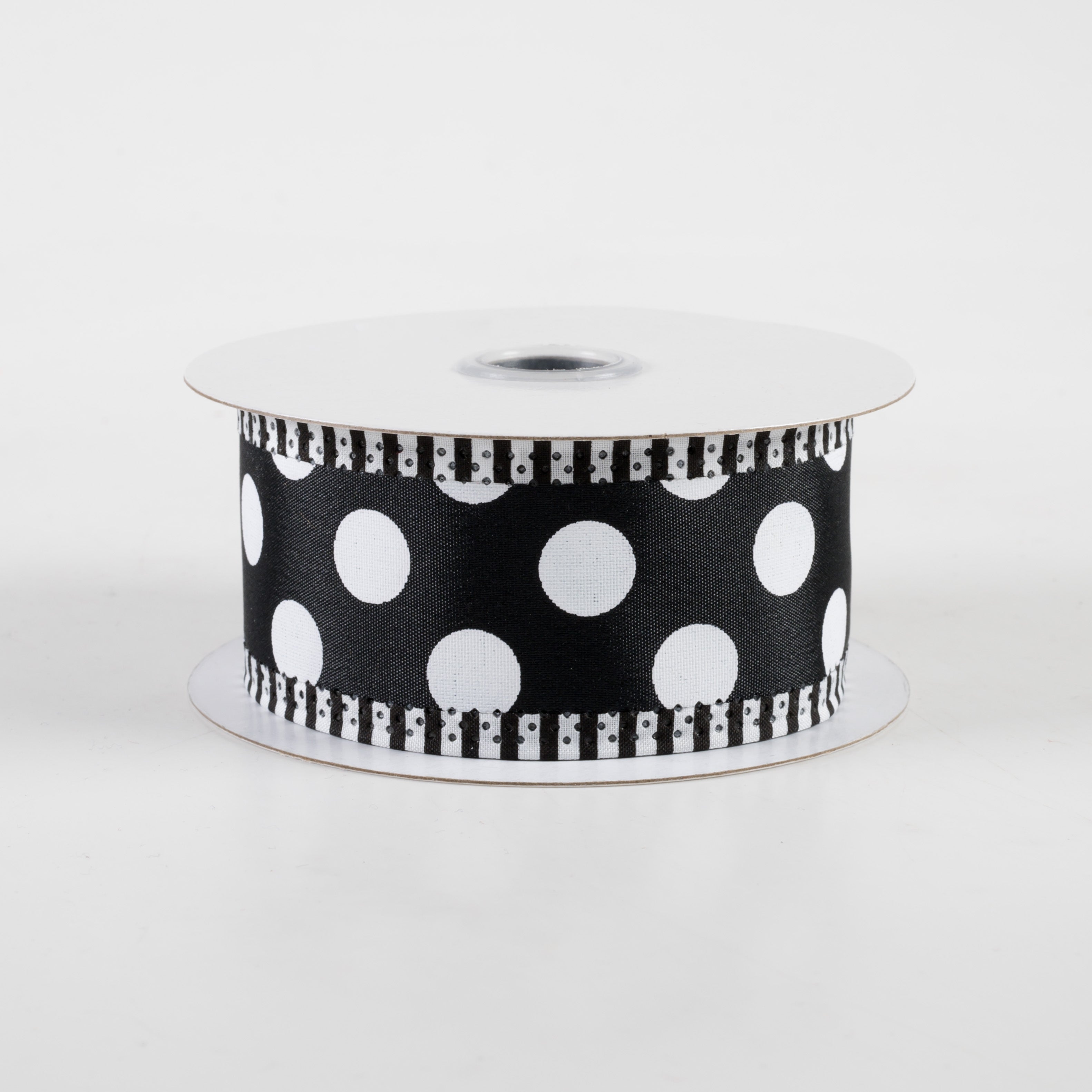 1.5" Large Polka Dot Stripe Edge Ribbon: Black & White (10 Yards)