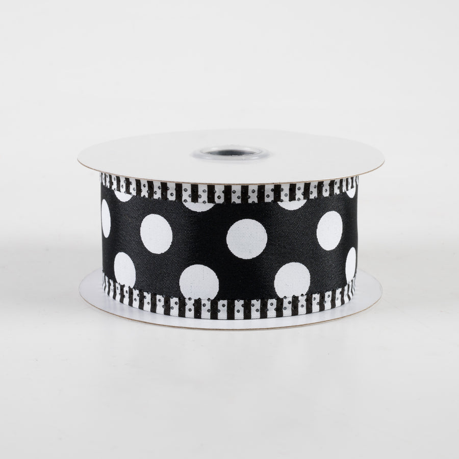 1.5" Large Polka Dot Stripe Edge Ribbon: Black & White (10 Yards)