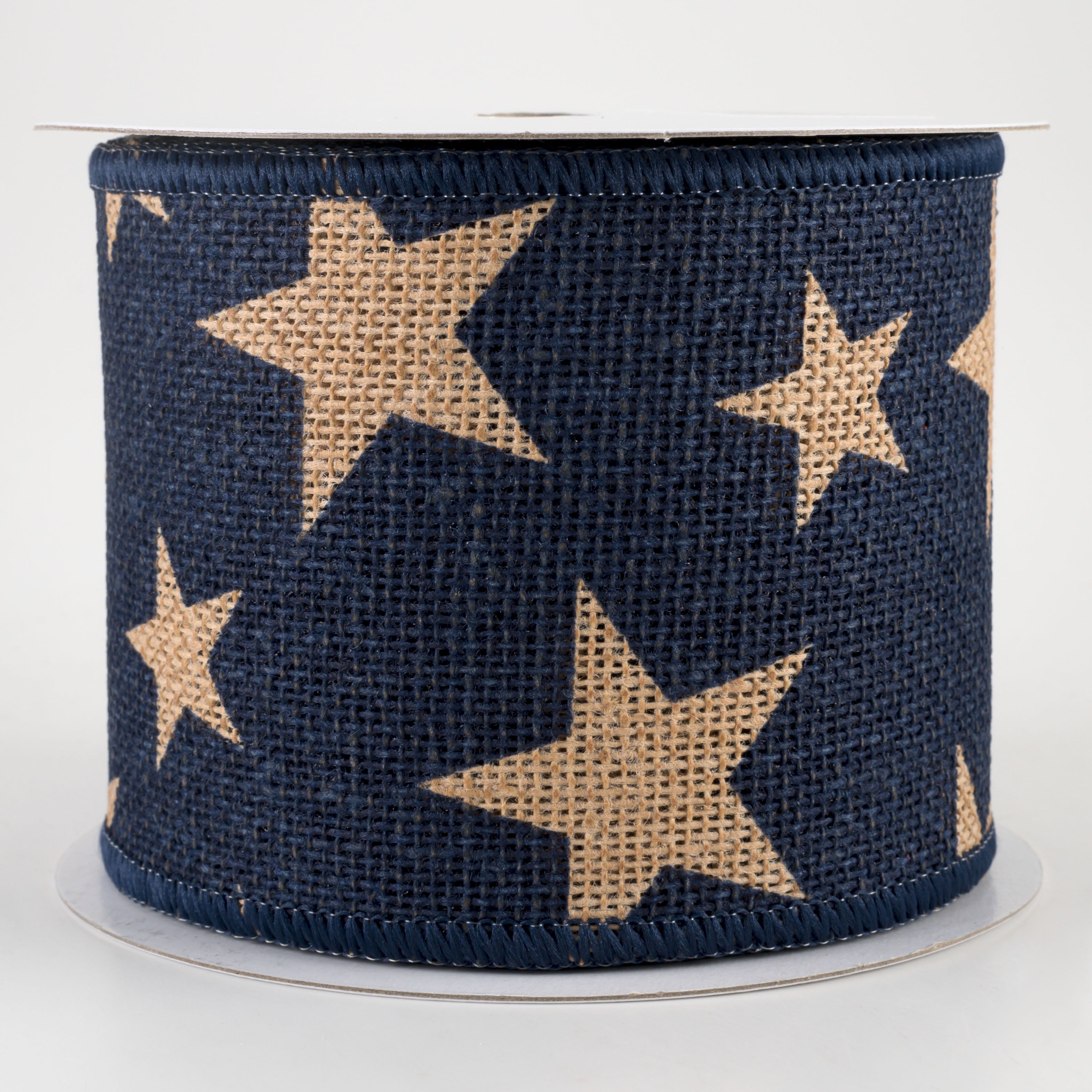 4" Large Stars Faux Burlap Ribbon: Navy & Beige (10 Yards)