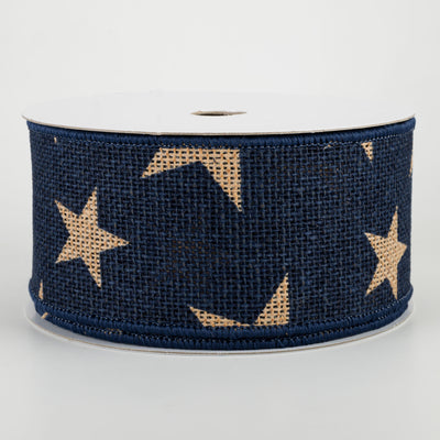 2.5" Large Stars Faux Burlap Ribbon: Navy & Beige (10 Yards)