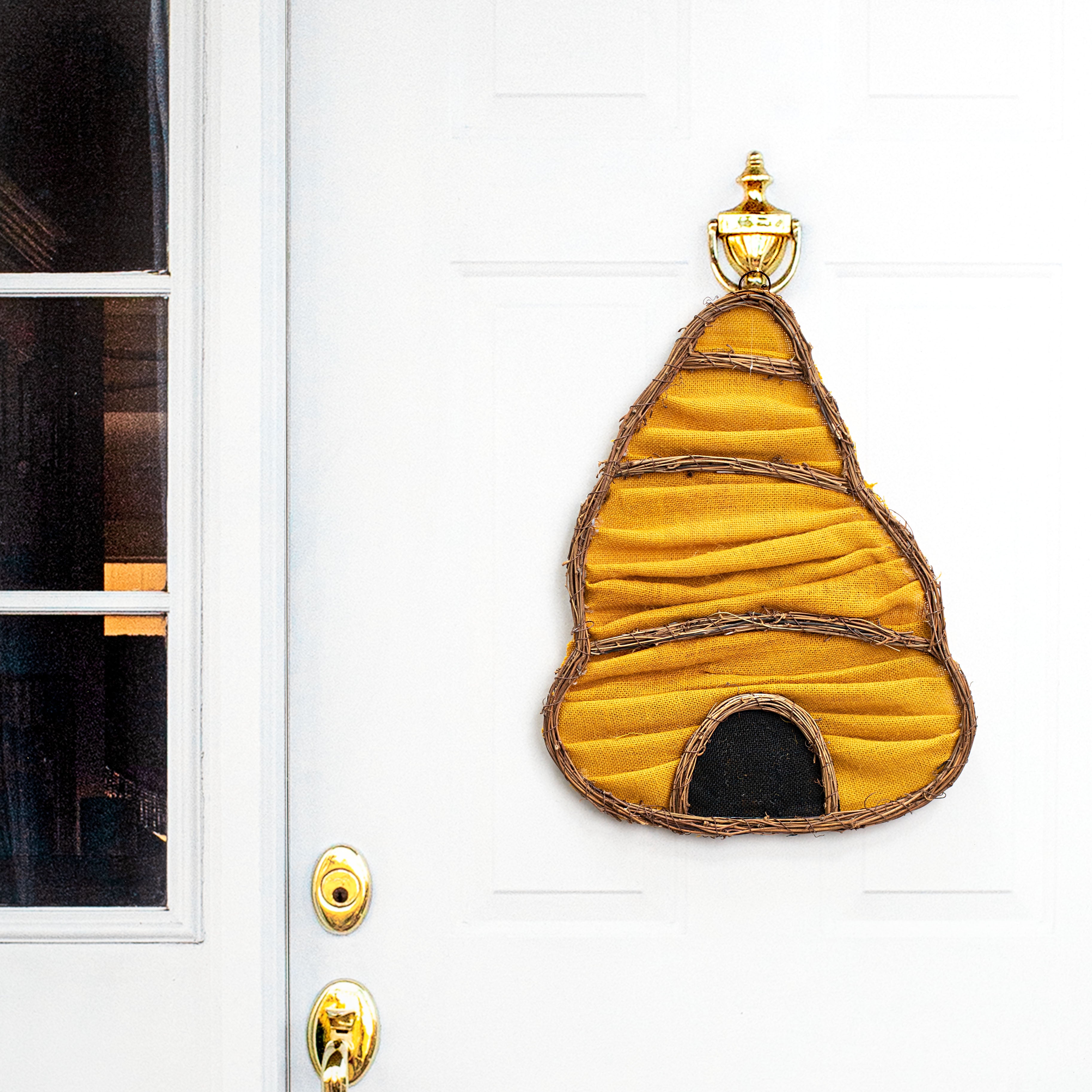 20" Layered Burlap Bee Hive Door Hanger Lifestyle Photo