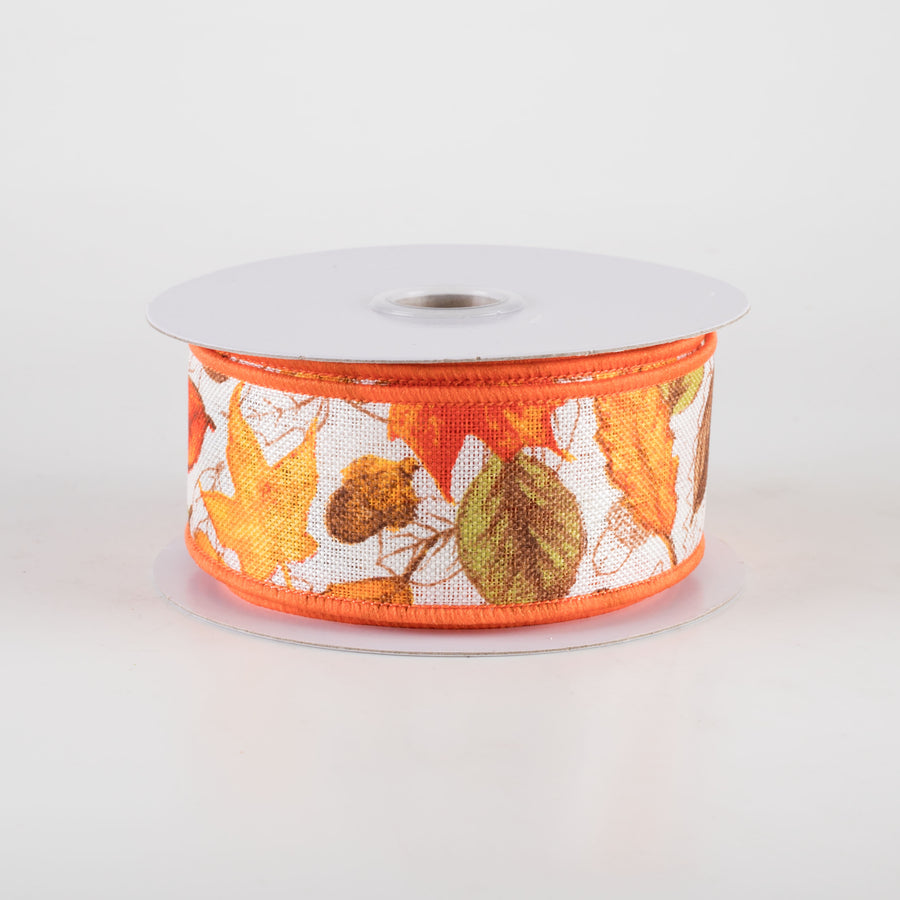 1.5" Leaves and Acorns Ribbon: Ivory (10 Yards)