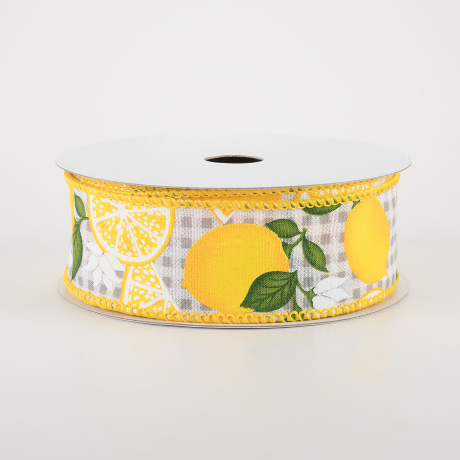 1.5" Lemon With Leaves Check Ribbon: Light Grey (10 Yards)
