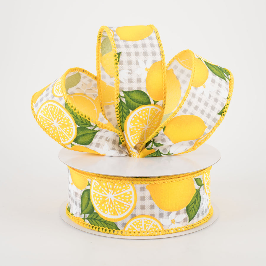 1.5" Lemon With Leaves Check Ribbon: Light Grey (10 Yards) Lifestyle Photo