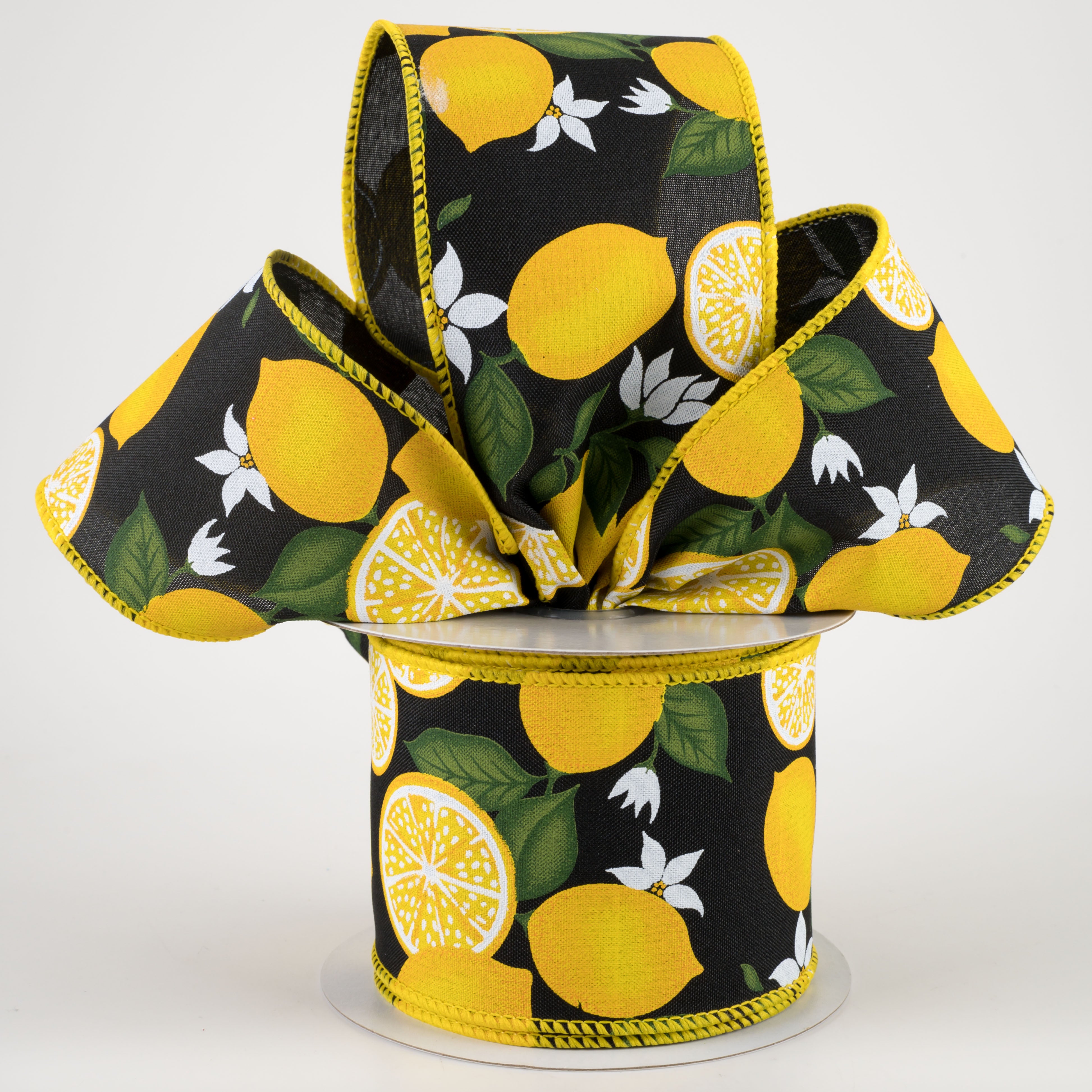 2.5" Lemon With Leaves Flower Ribbon: Black (10 Yards) Lifestyle Photo