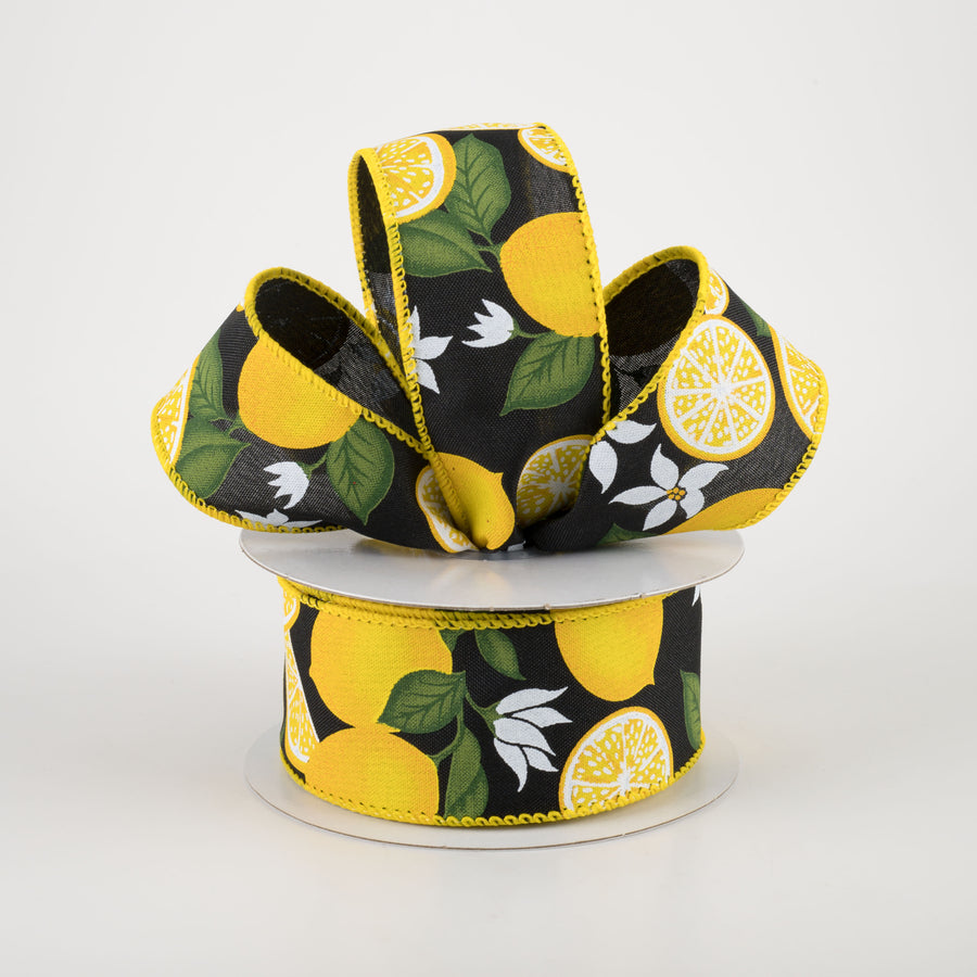 1.5" Lemon With Leaves Flower Ribbon: Black (10 Yards) Lifestyle Photo