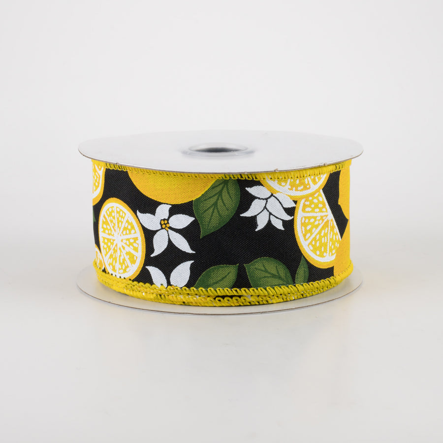 1.5" Lemon With Leaves Flower Ribbon: Black (10 Yards)