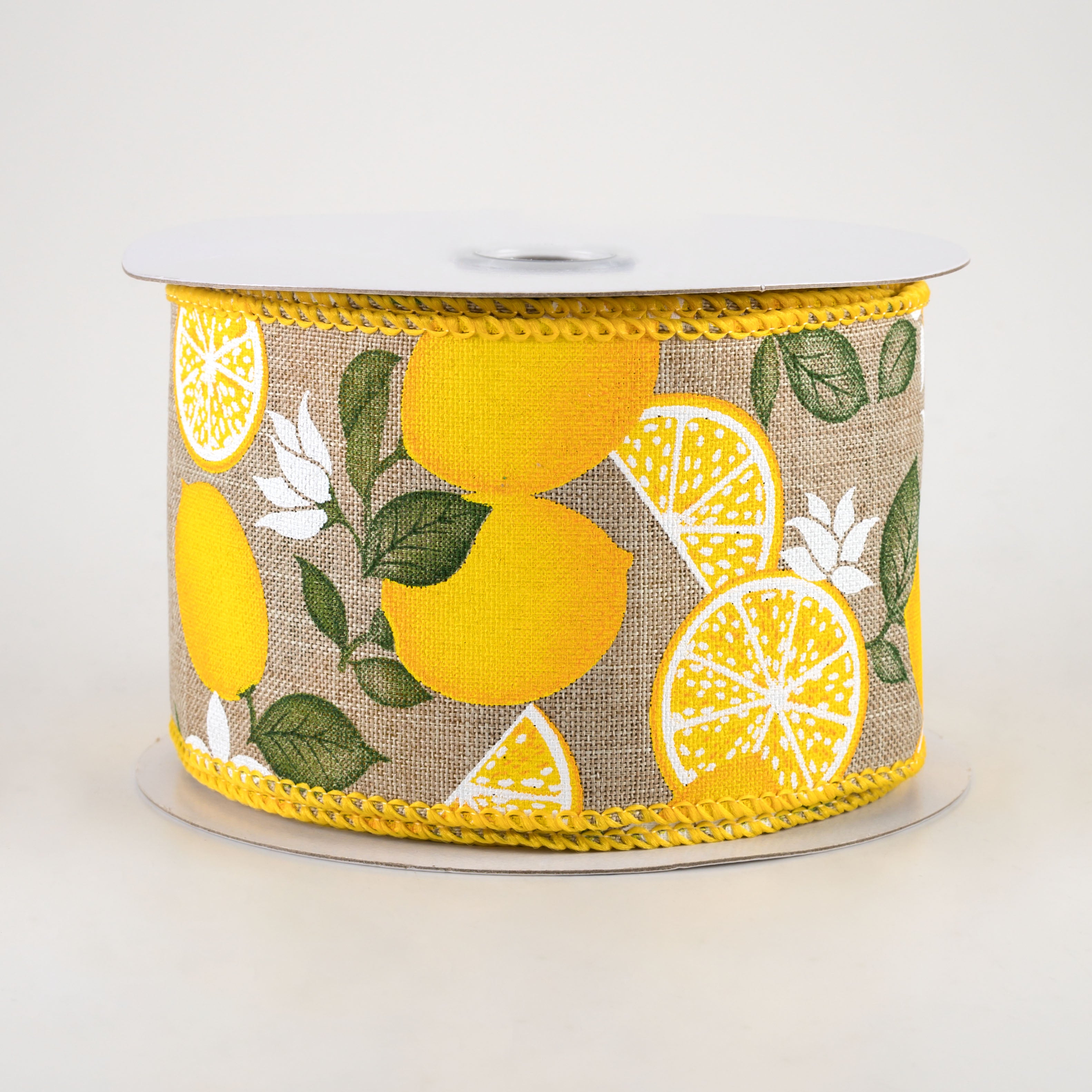 2.5" Lemon With Leaves Flower Ribbon: Natural (10 Yards)