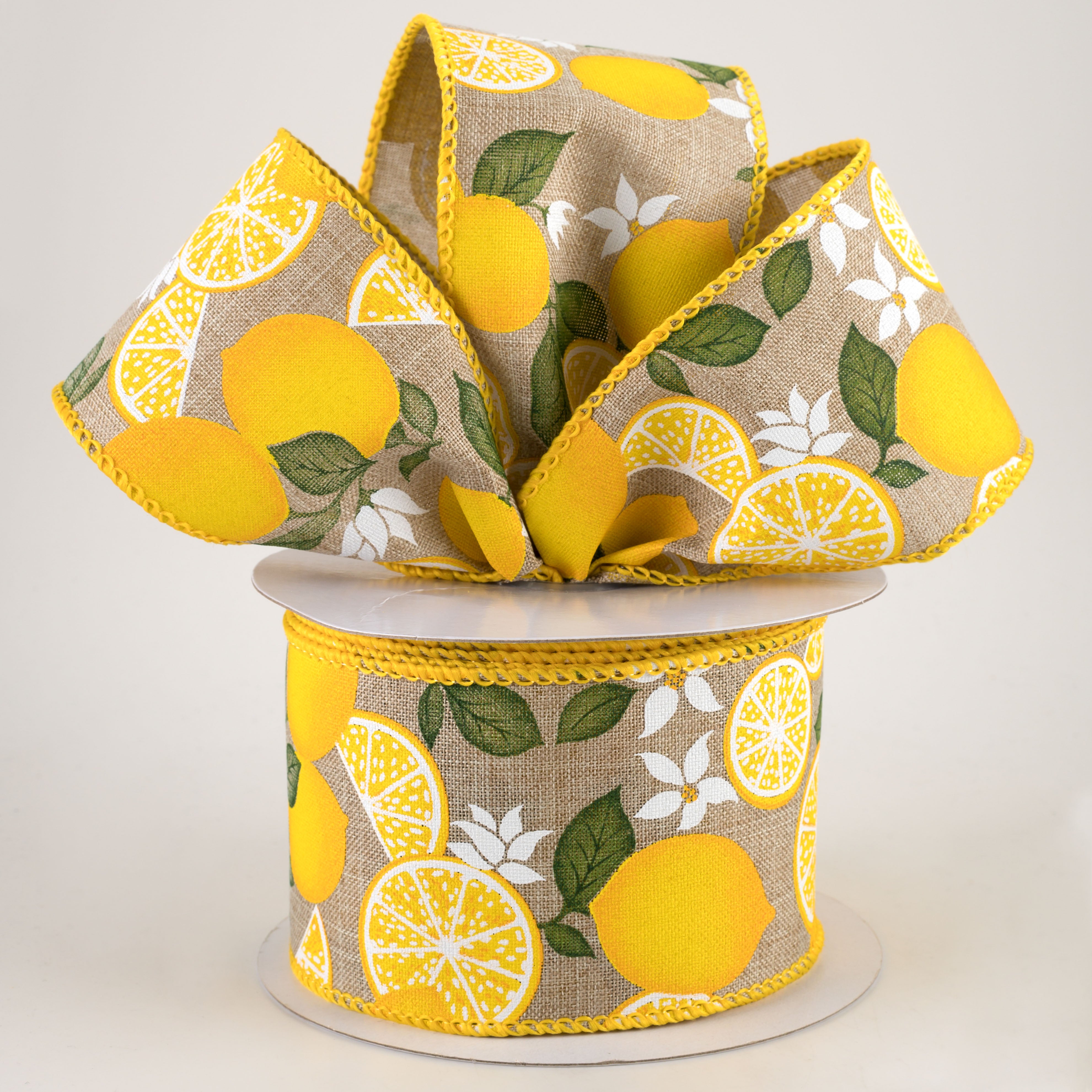 2.5" Lemon With Leaves Flower Ribbon: Natural (10 Yards) Lifestyle Photo