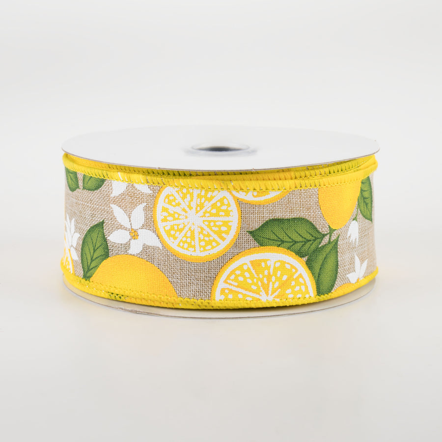 1.5" Lemon With Leaves Flower Ribbon: Natural (10 Yards)