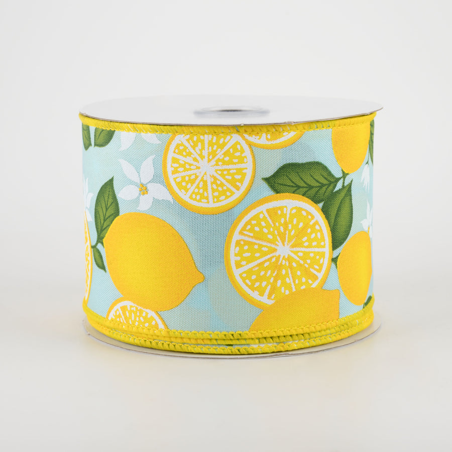 2.5" Lemon With Leaves Flower Ribbon: Soft Turquoise (10 Yards)