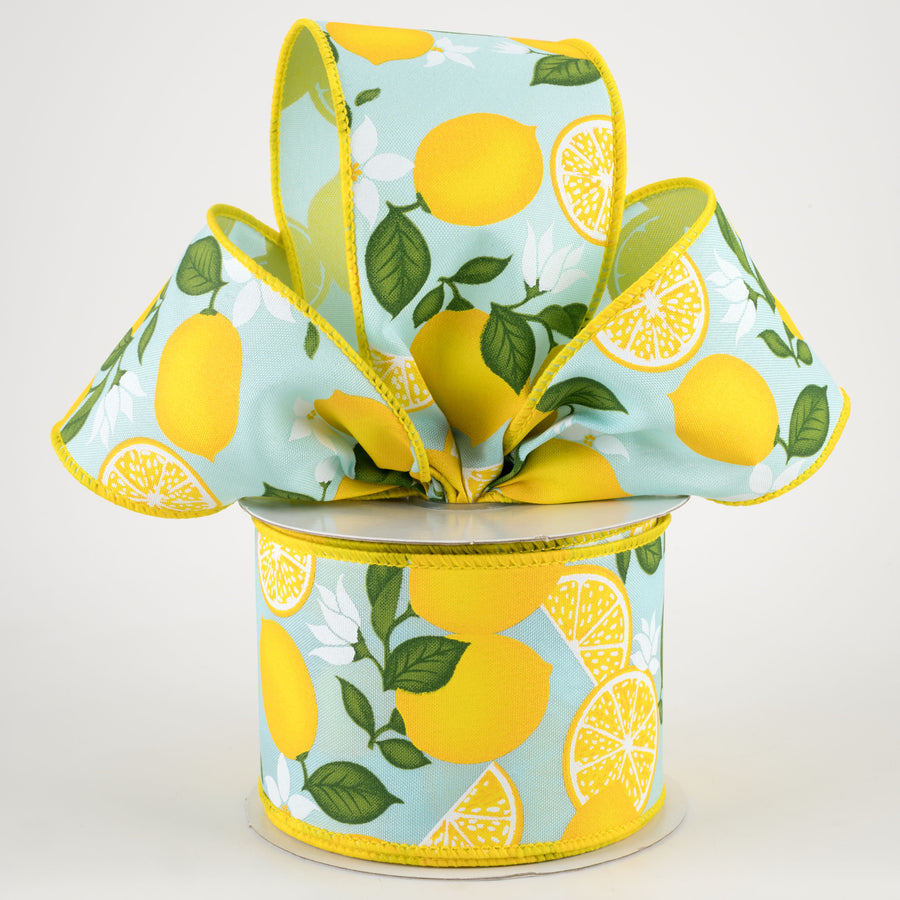 2.5" Lemon With Leaves Flower Ribbon: Soft Turquoise (10 Yards) Lifestyle Photo