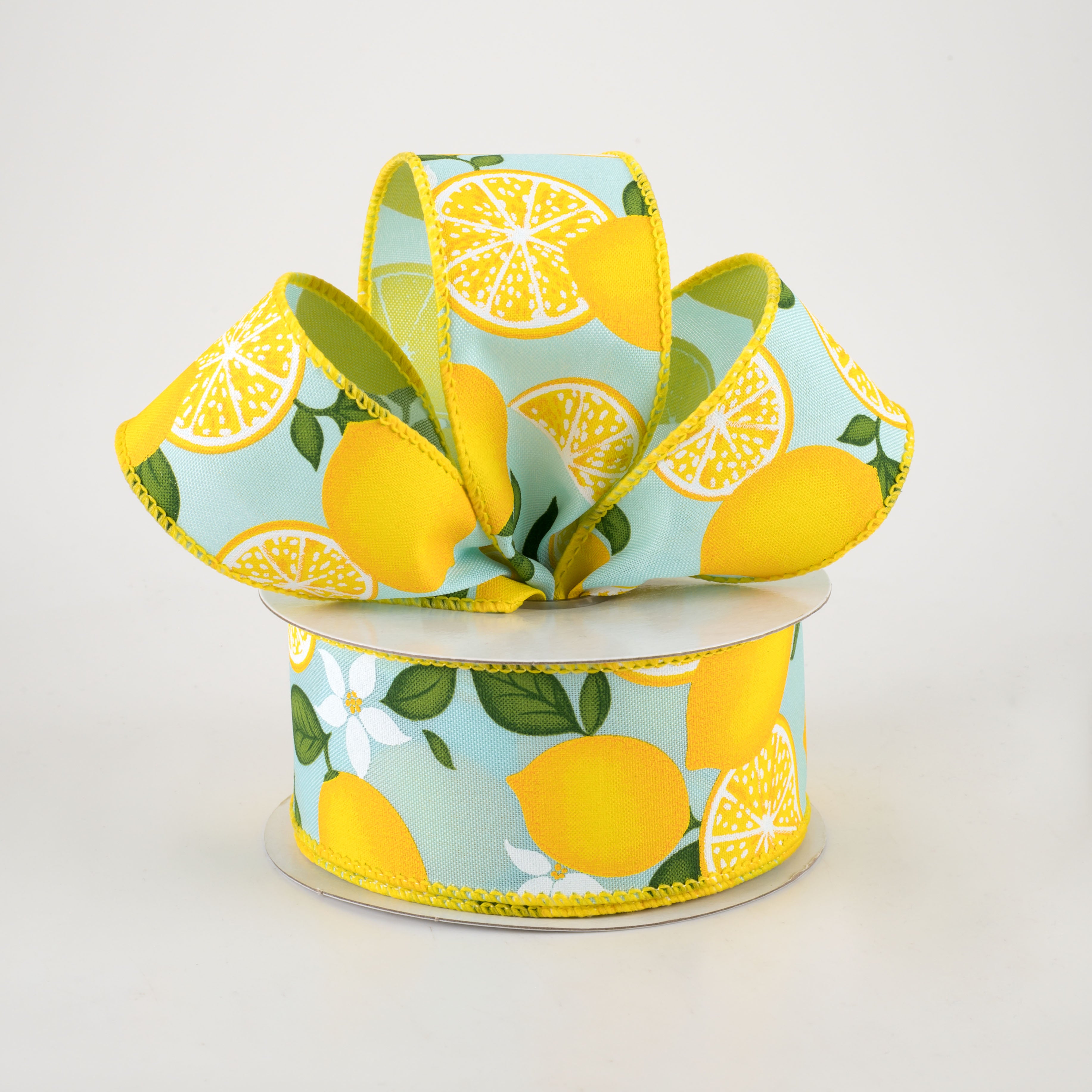 1.5" Lemon With Leaves Flower Ribbon: Soft Turquoise (10 Yards) Lifestyle Photo