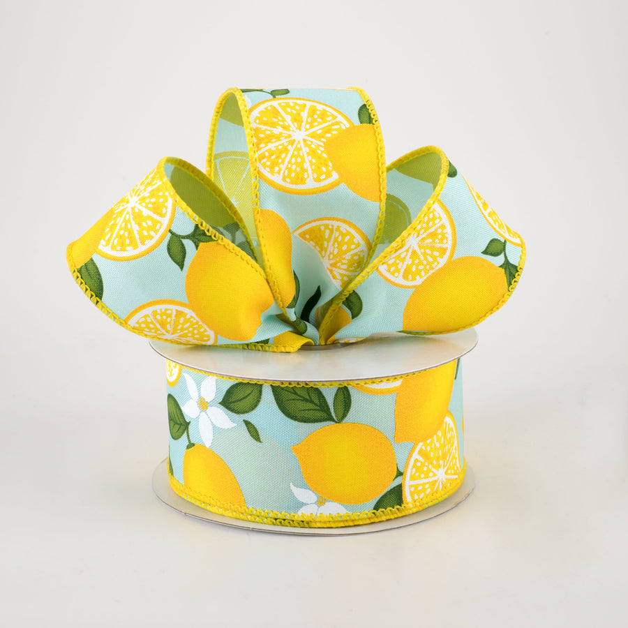 1.5" Lemon With Leaves Flower Ribbon: Soft Turquoise (10 Yards) Lifestyle Photo