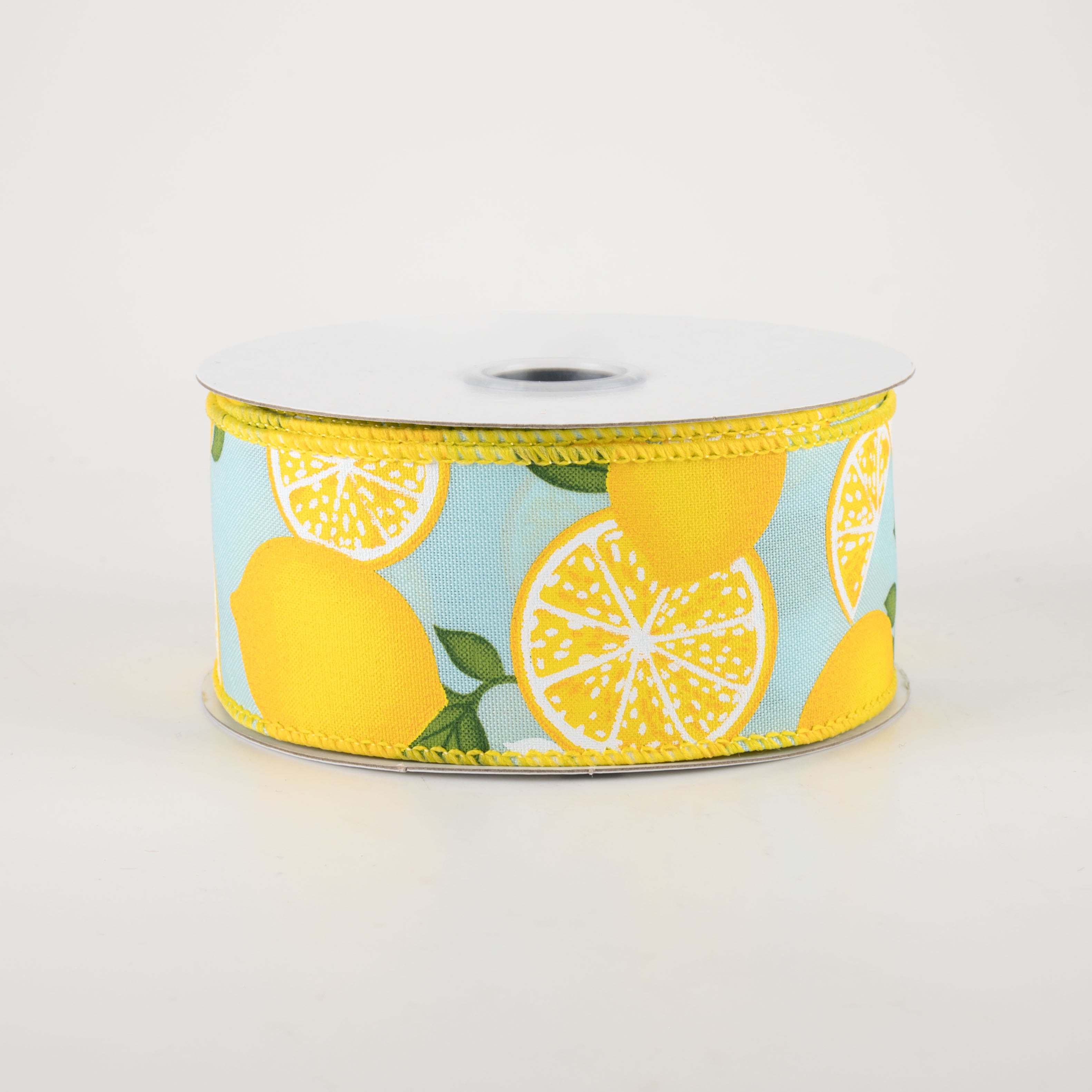 1.5" Lemon With Leaves Flower Ribbon: Soft Turquoise (10 Yards)