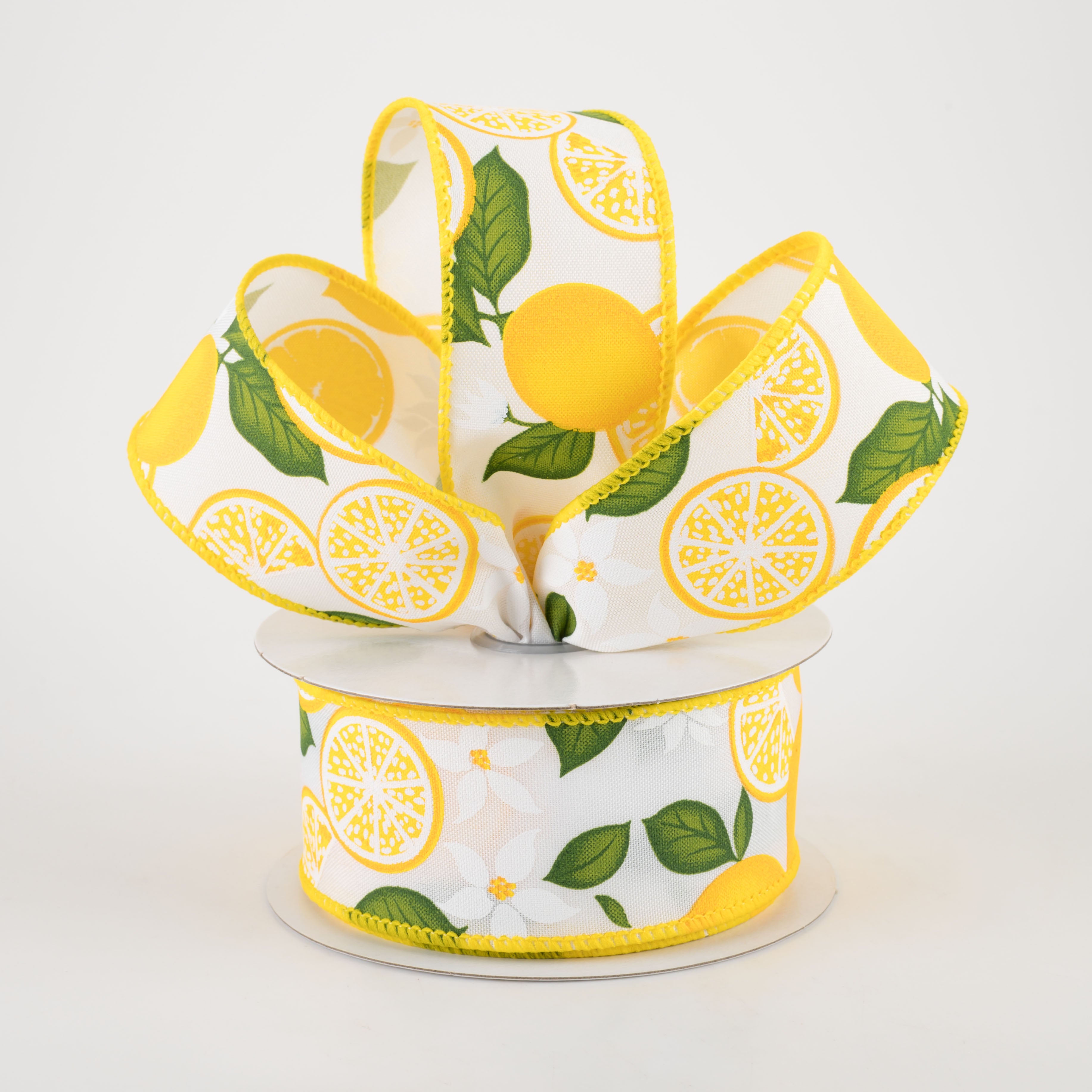 1.5" Lemon With Leaves Flower Ribbon: White (10 Yards) Lifestyle Photo